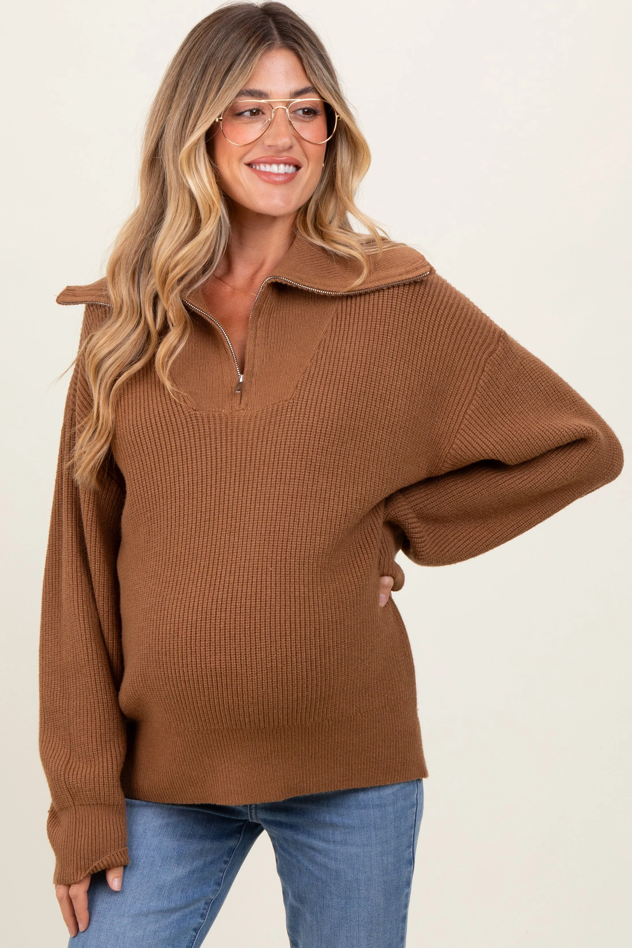 Camel Half Zip Chunky Knit Maternity Pullover Sweater sold by Pinkblush product image thumbnail 2