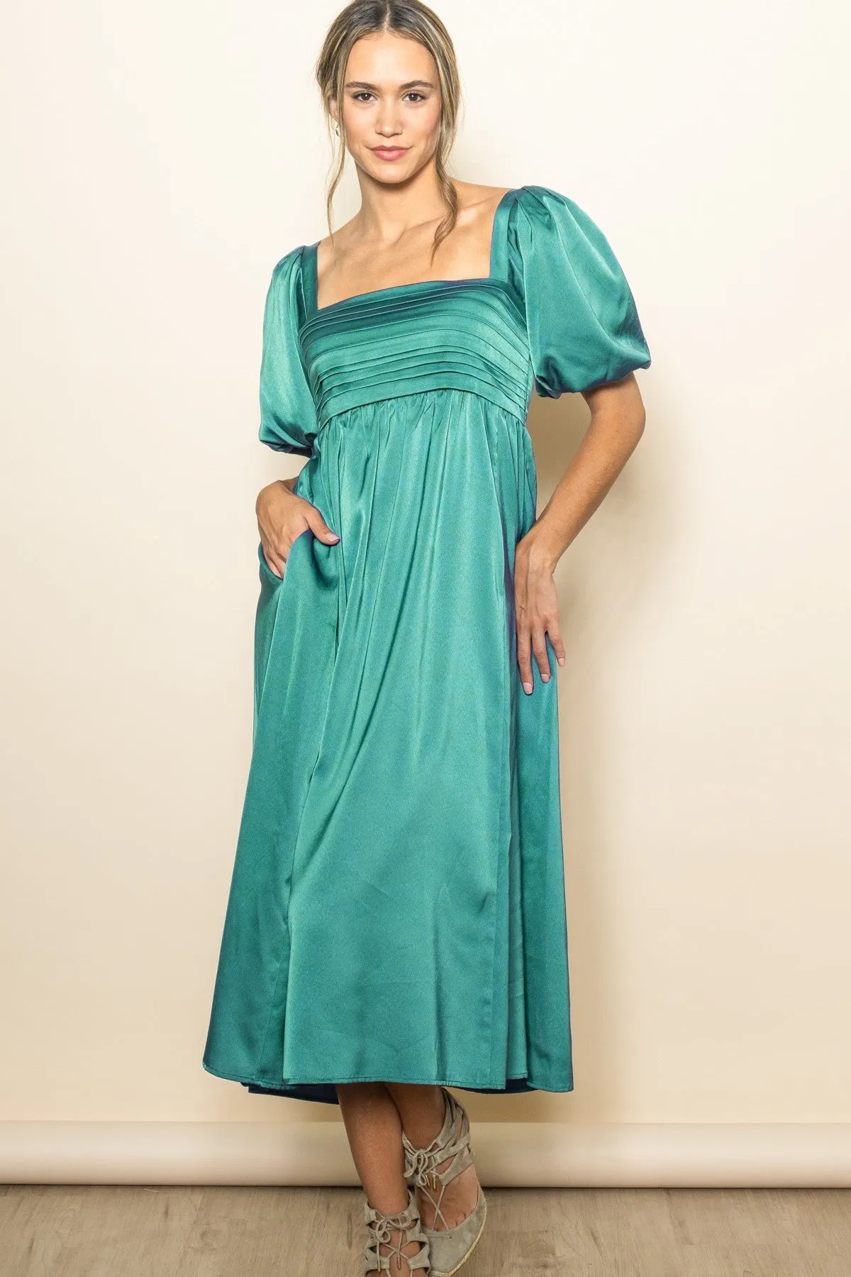 Emerald Green Satin Pleated Bodice Puff Sleeve Midi Dress sold by Pinkblush product image thumbnail 2