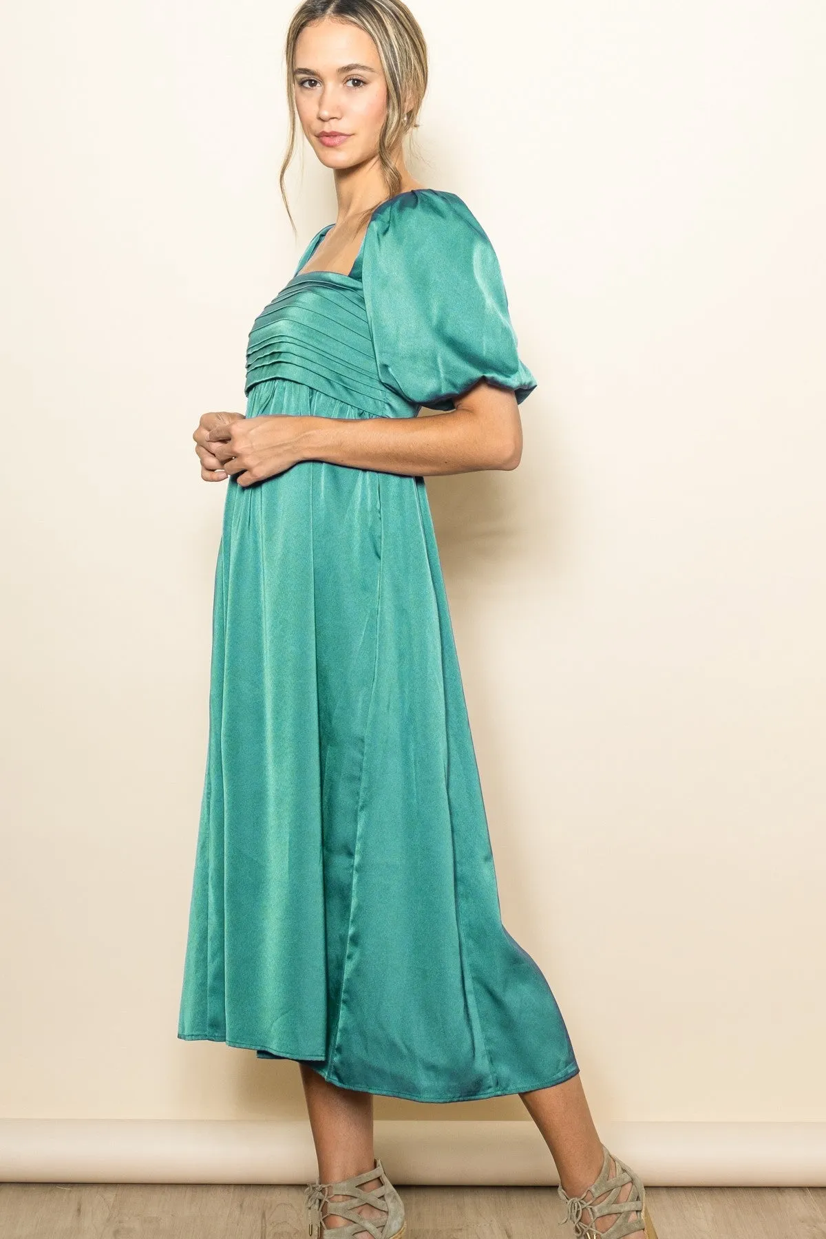 Emerald Green Satin Pleated Bodice Puff Sleeve Midi Dress sold by Pinkblush product image thumbnail 3