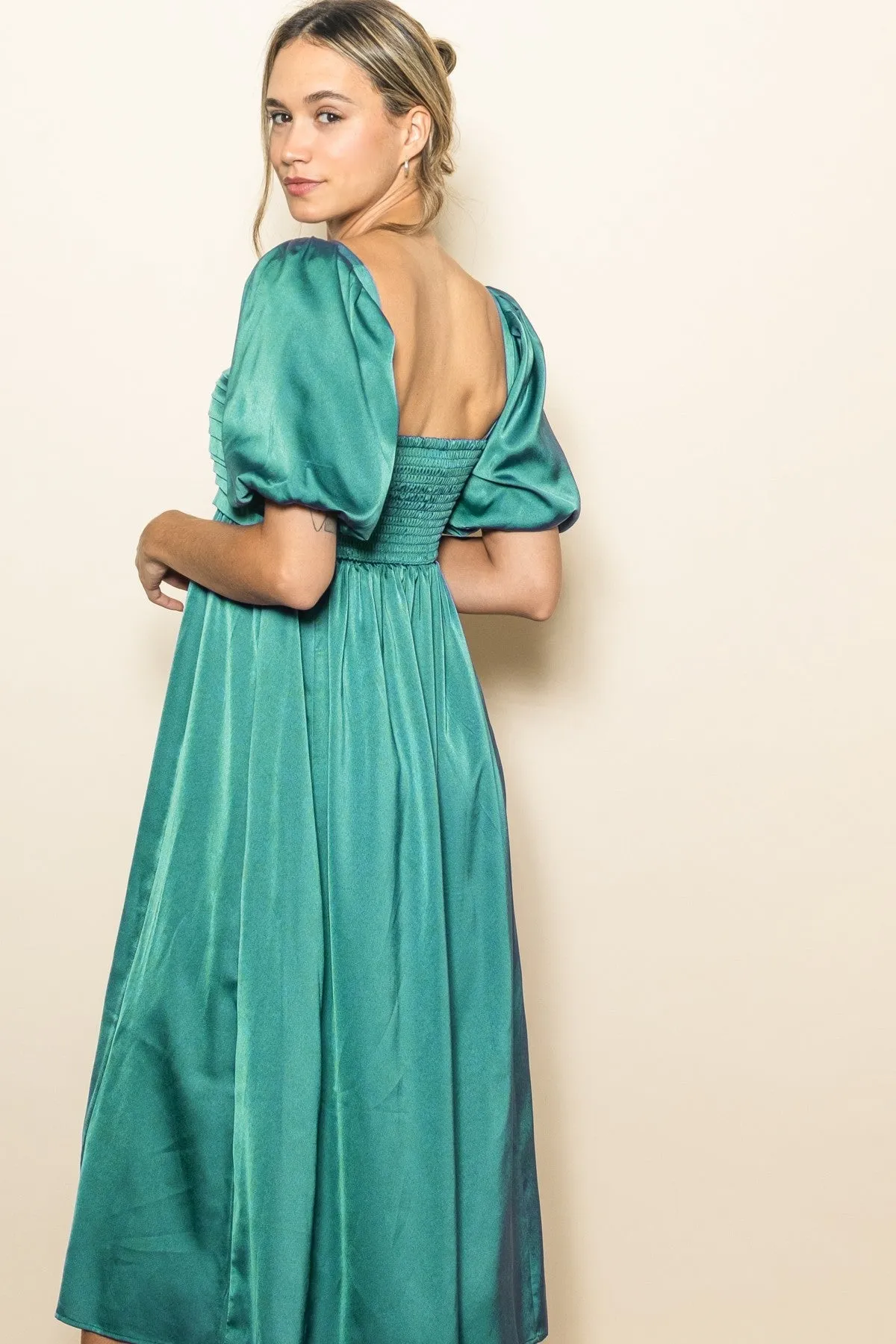 Emerald Green Satin Pleated Bodice Puff Sleeve Midi Dress sold by Pinkblush product image thumbnail 4