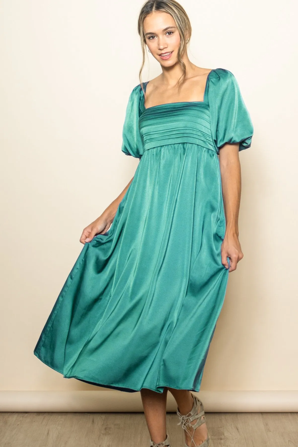 Emerald Green Satin Pleated Bodice Puff Sleeve Midi Dress sold by Pinkblush