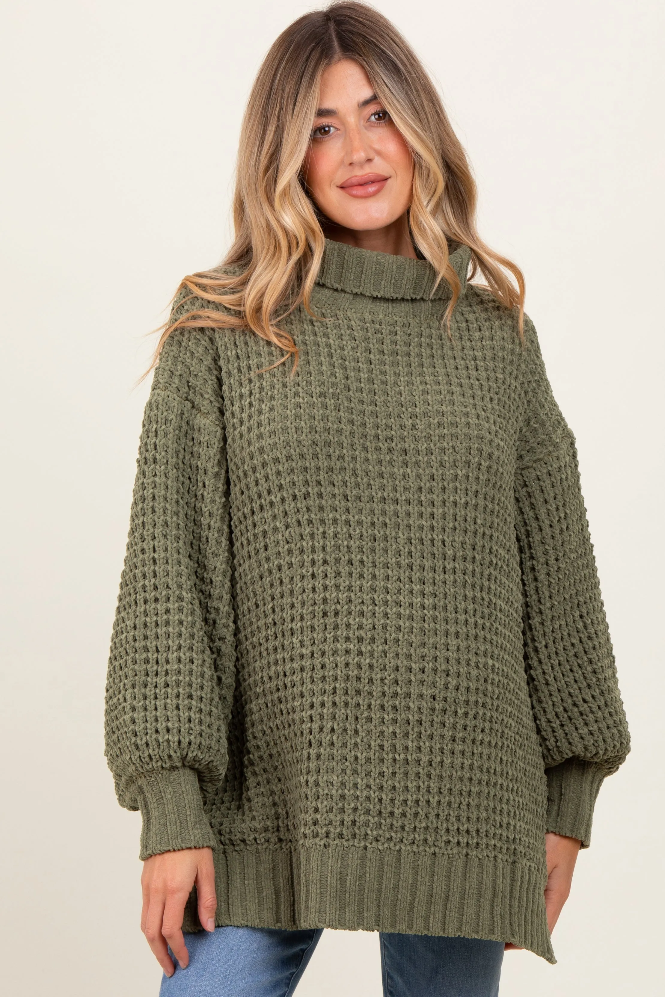 Olive Chunky Waffle Knit Maternity Turtleneck Sweater sold by Pinkblush product image thumbnail 2