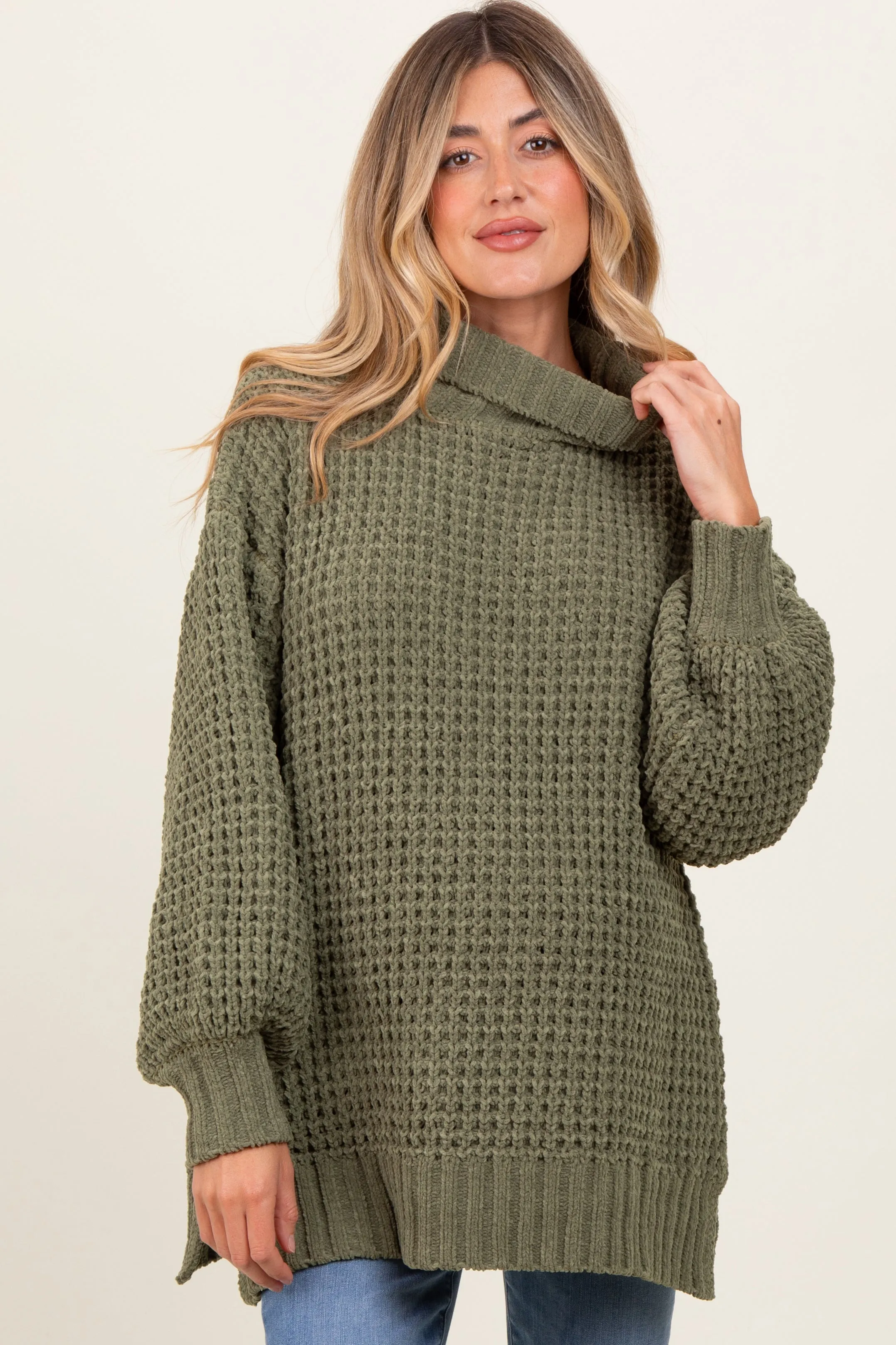 Olive Chunky Waffle Knit Maternity Turtleneck Sweater sold by Pinkblush