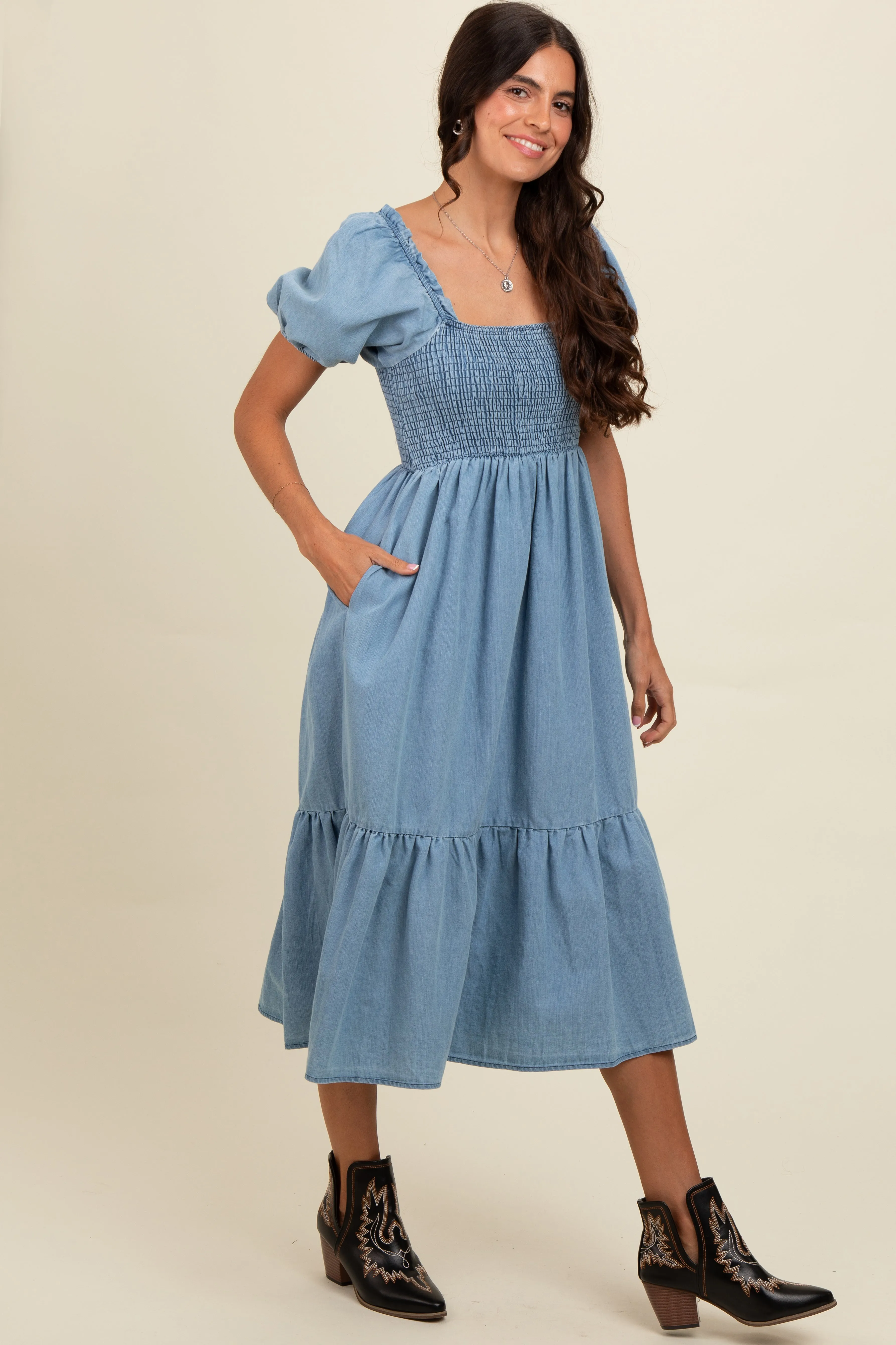 Light Blue Vintage Wash Chambray Smocked Midi Dress sold by Pinkblush product image thumbnail 2