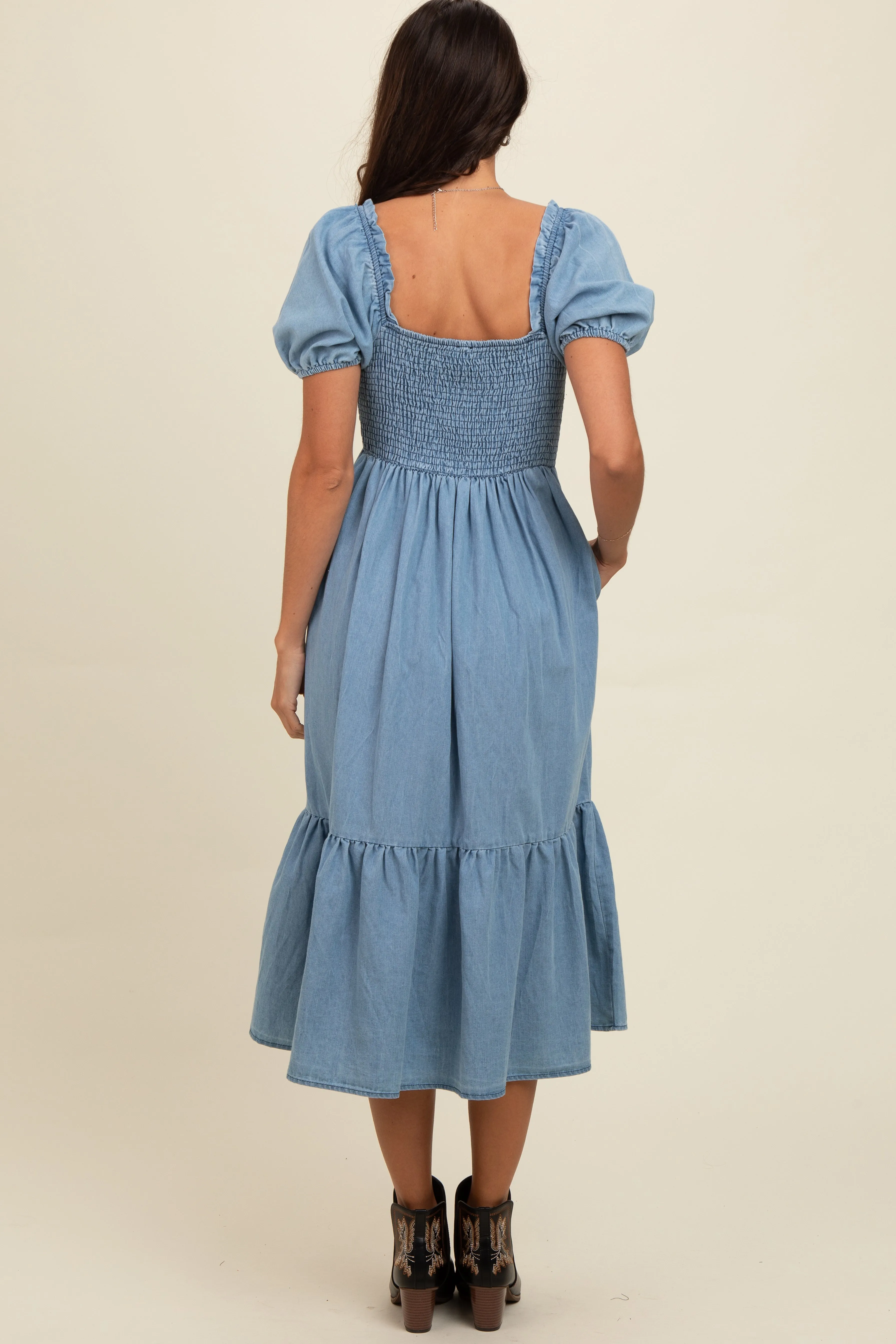 Light Blue Vintage Wash Chambray Smocked Midi Dress sold by Pinkblush product image thumbnail 3