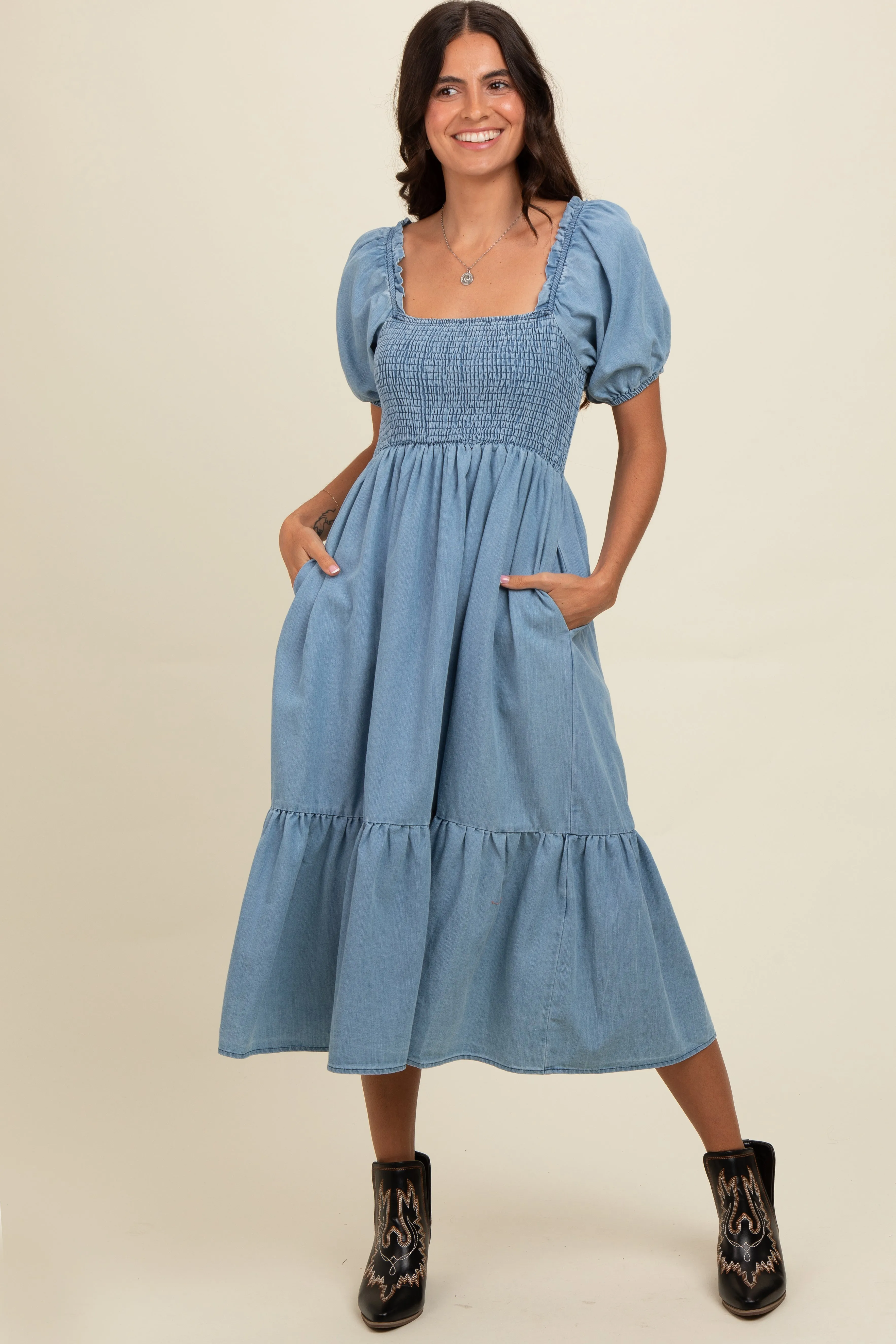 Light Blue Vintage Wash Chambray Smocked Midi Dress sold by Pinkblush