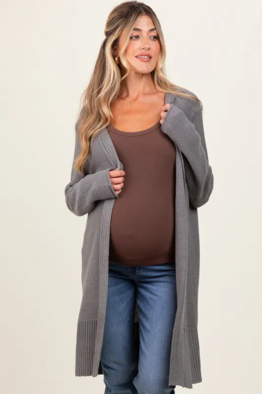 Charcoal Contrast Rib Long Maternity Open Cardigan sold by Pinkblush
