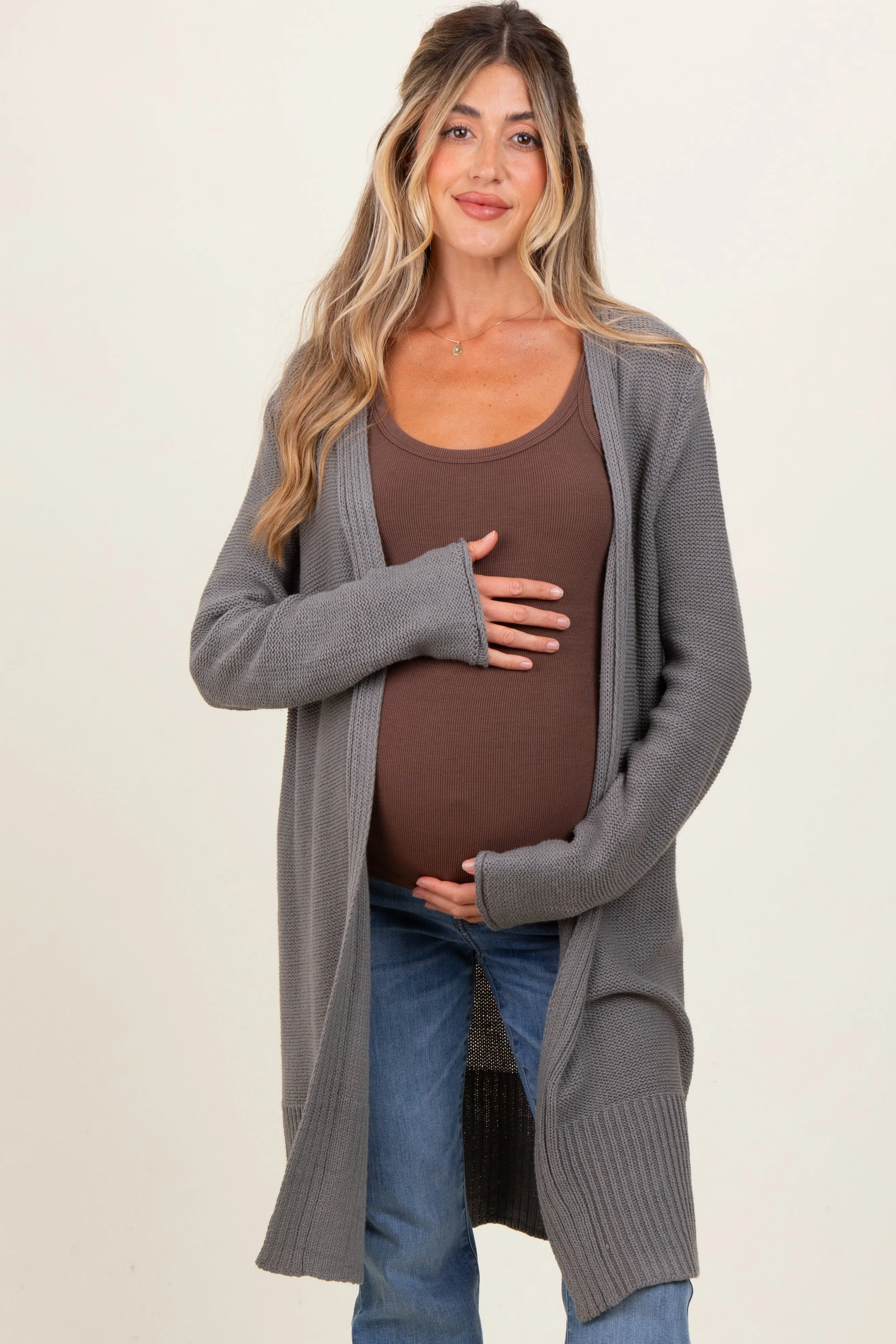 Charcoal Contrast Rib Long Maternity Open Cardigan sold by Pinkblush product image thumbnail 2