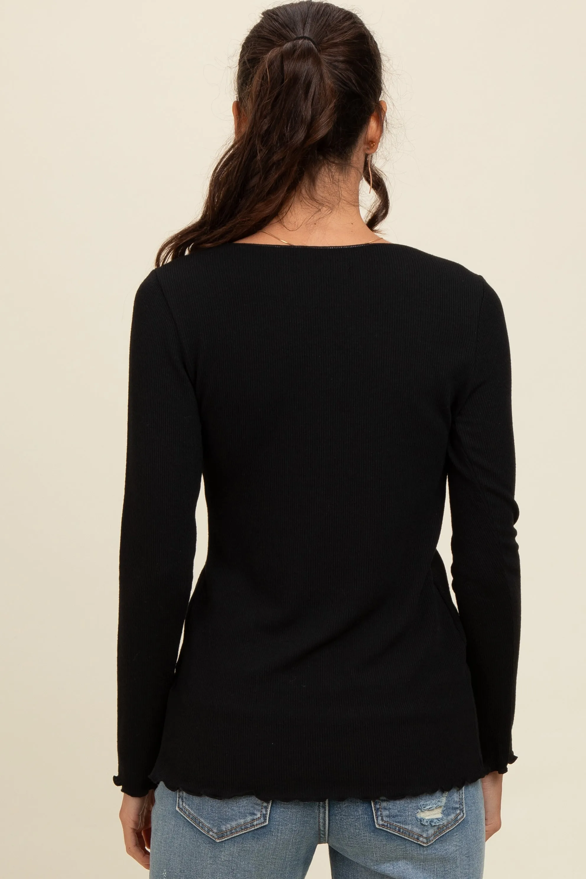 Black Ribbed Knit Long Sleeve Lettuce Hem Top sold by Pinkblush product image thumbnail 4