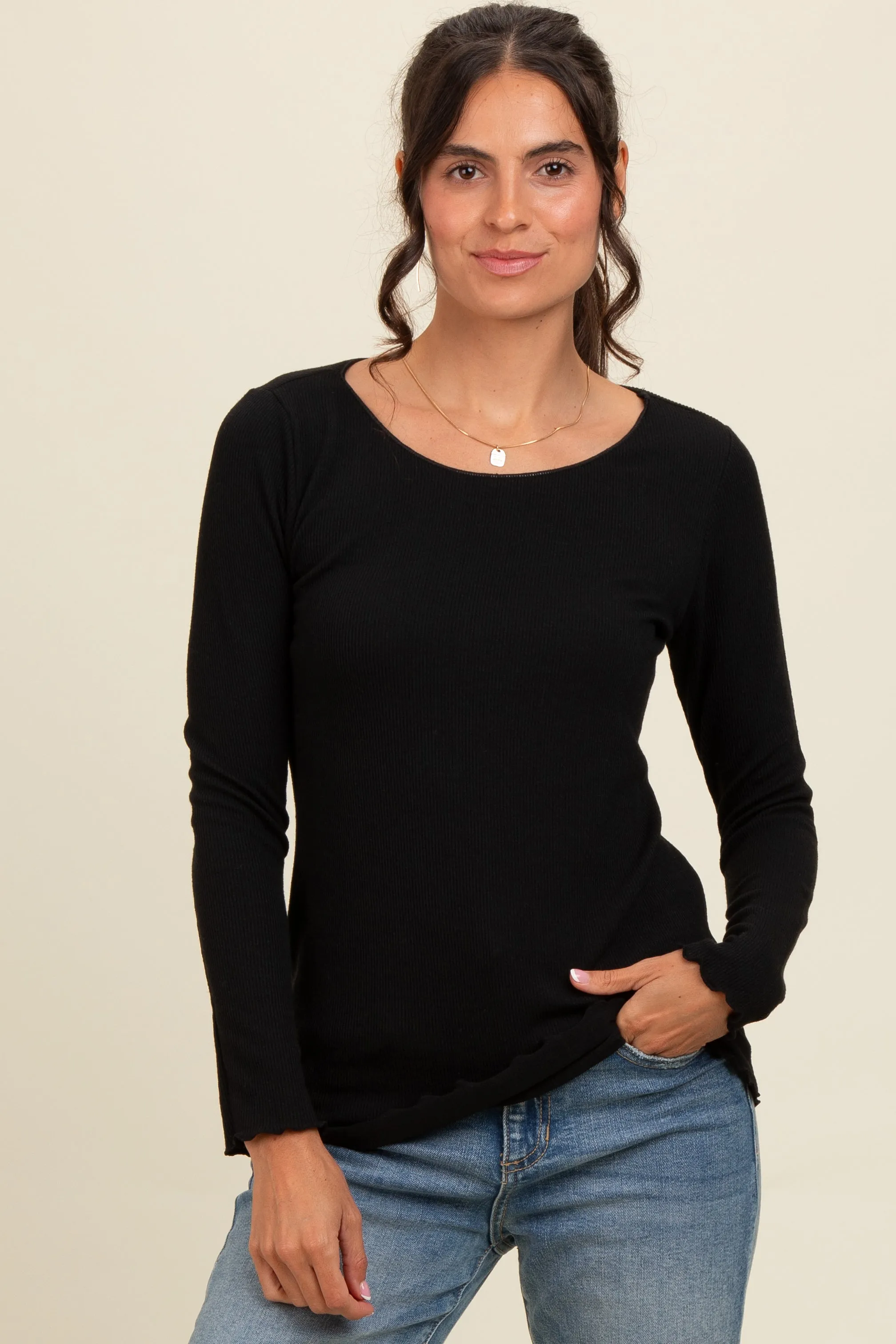 Black Ribbed Knit Long Sleeve Lettuce Hem Top sold by Pinkblush
