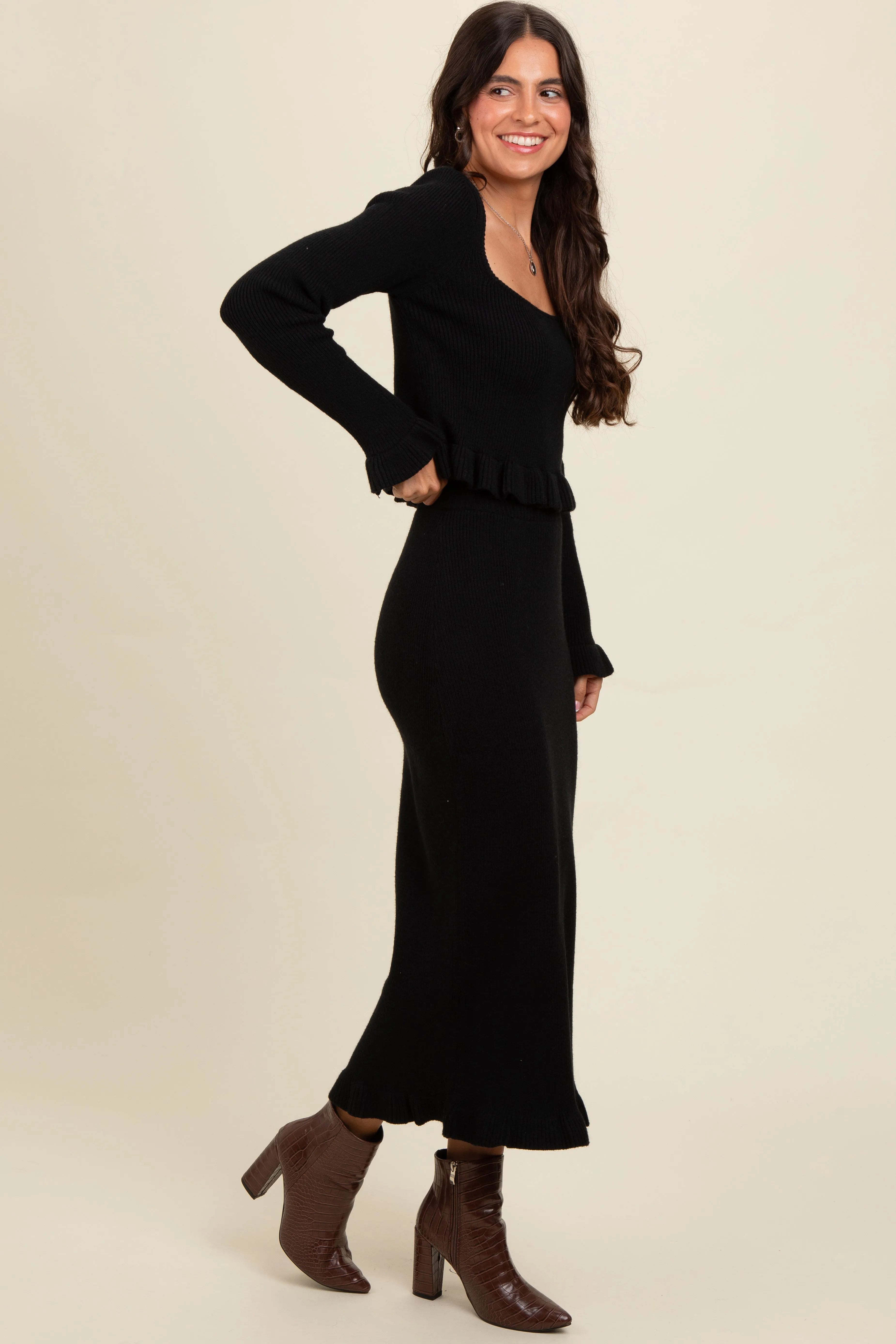 Black Ruffle Hem Knit Top And Midi Skirt Set sold by Pinkblush product image thumbnail 2