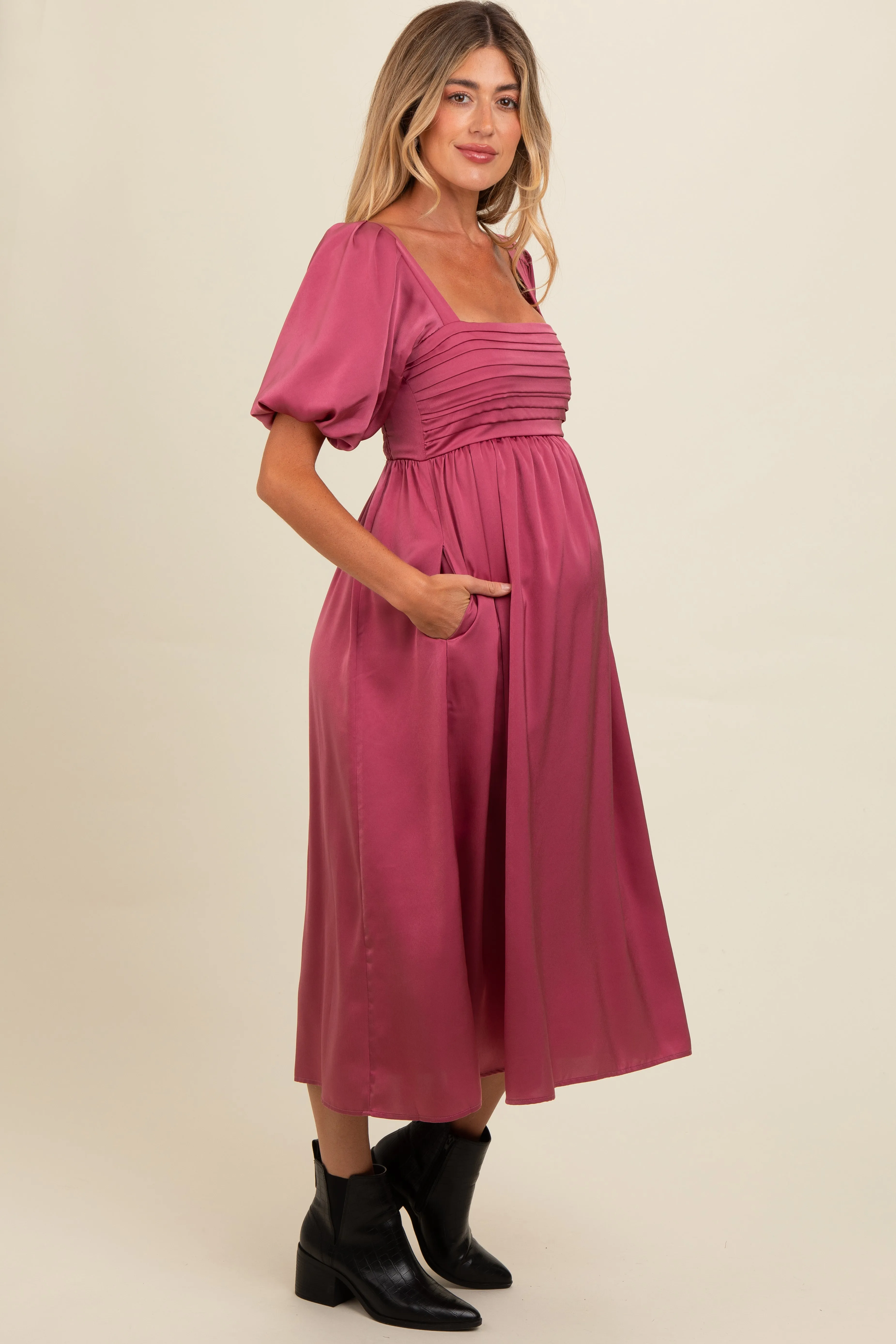 Mauve Satin Pleated Bodice Puff Sleeve Maternity Midi Dress sold by Pinkblush product image thumbnail 3