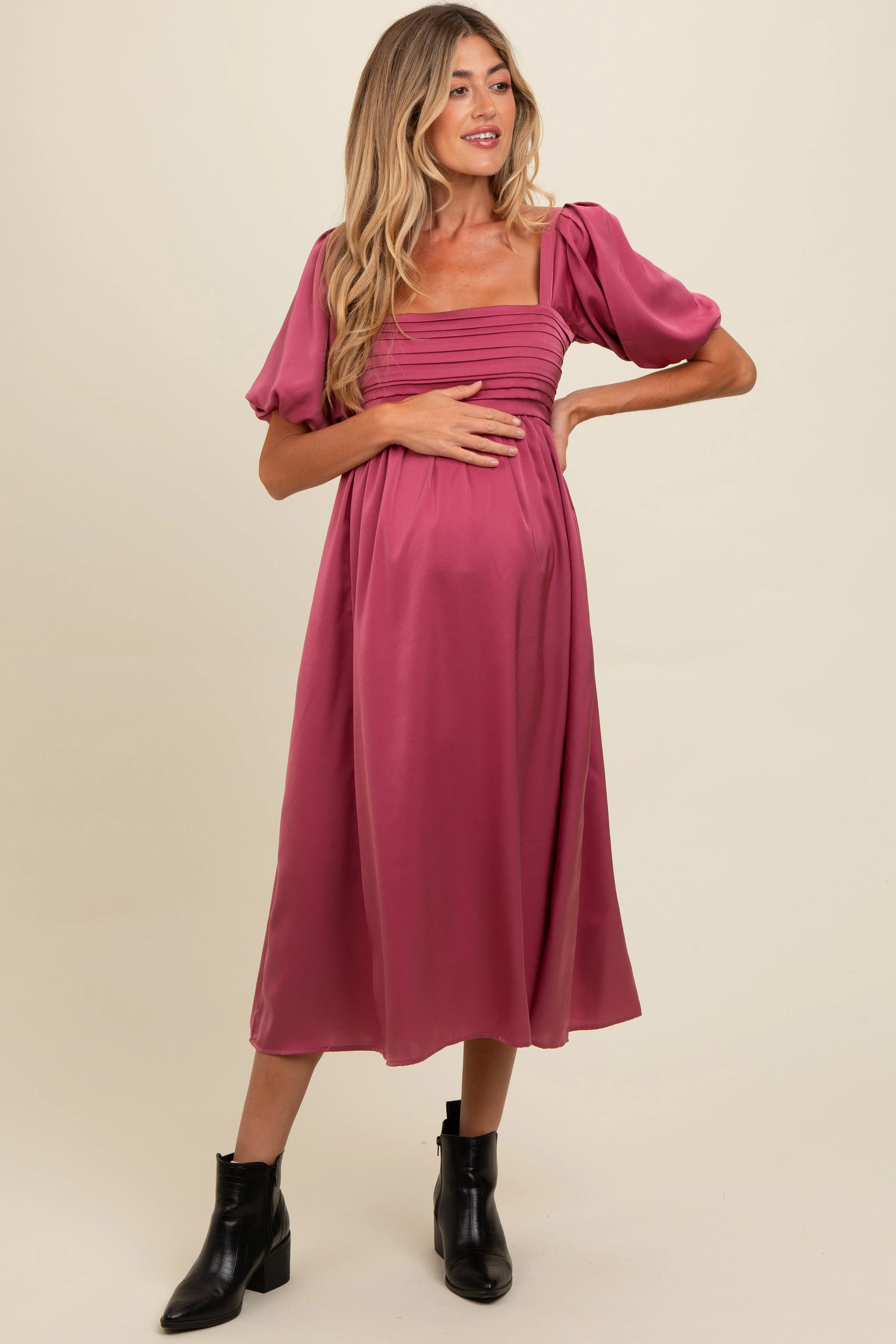 Mauve Satin Pleated Bodice Puff Sleeve Maternity Midi Dress sold by Pinkblush