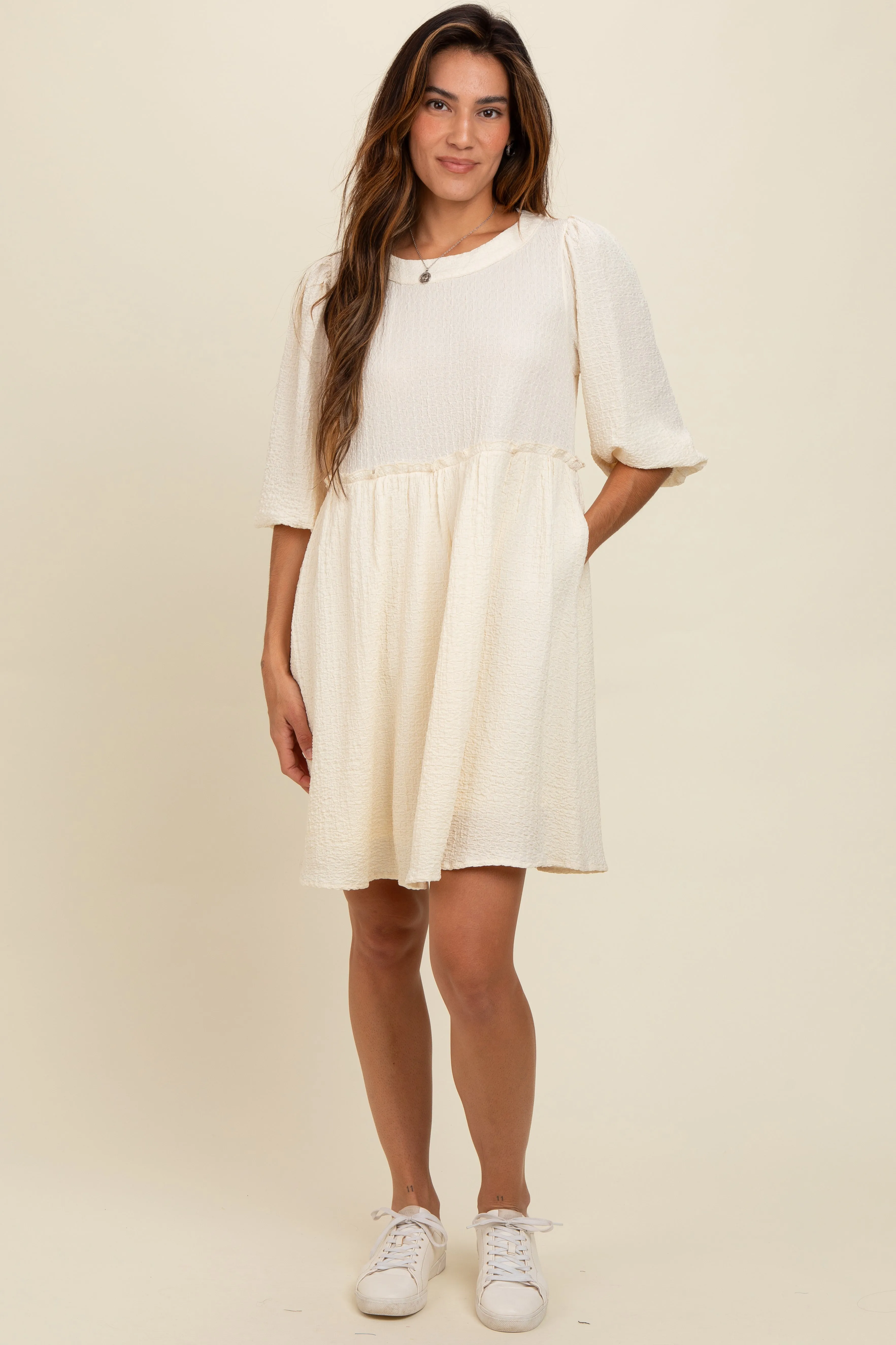Cream Knit Ruffle Trim Dress sold by Pinkblush