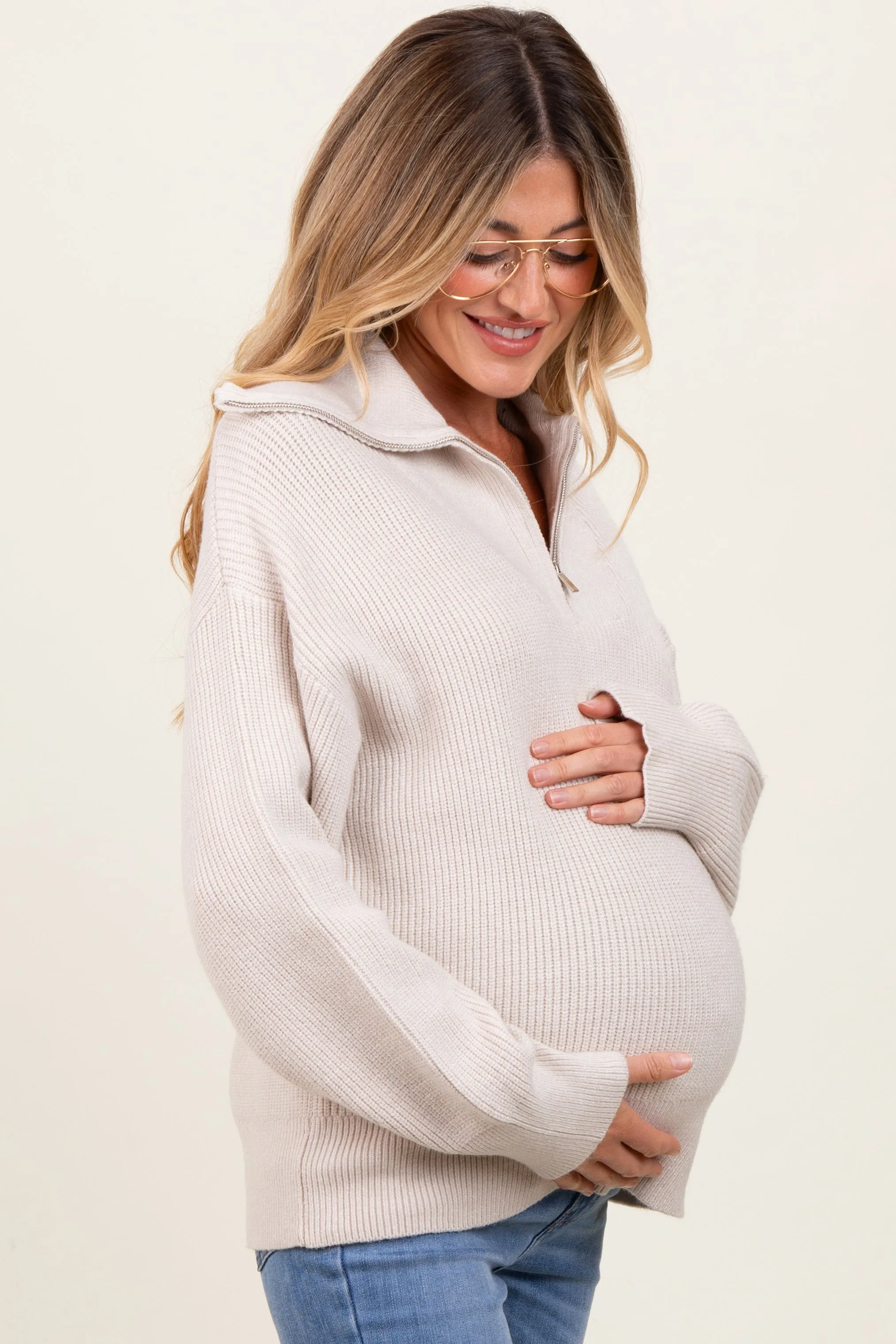 Cream Half Zip Chunky Knit Maternity Pullover Sweater sold by Pinkblush product image thumbnail 3