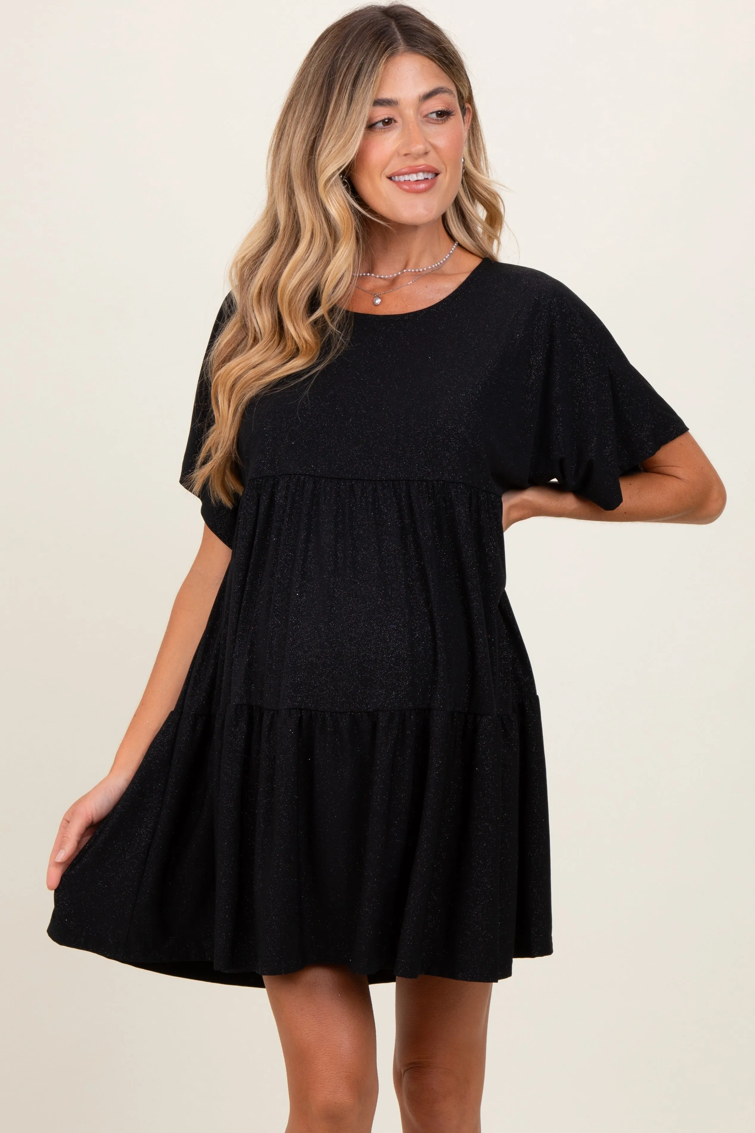 Black Glitter Flutter Sleeve Tiered Maternity Dress sold by Pinkblush