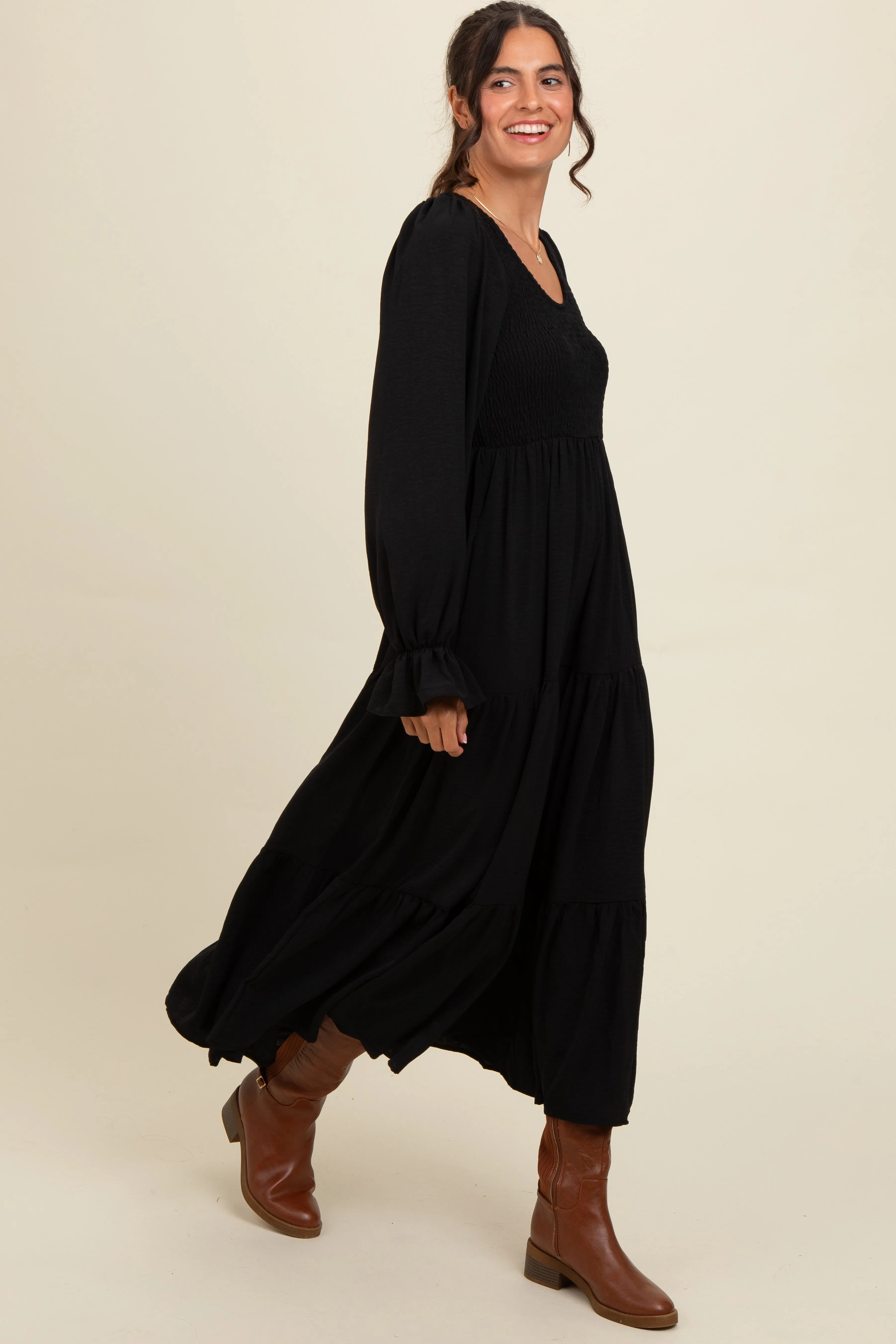Black Smocked Tiered Long Sleeve Maxi Dress sold by Pinkblush product image thumbnail 3