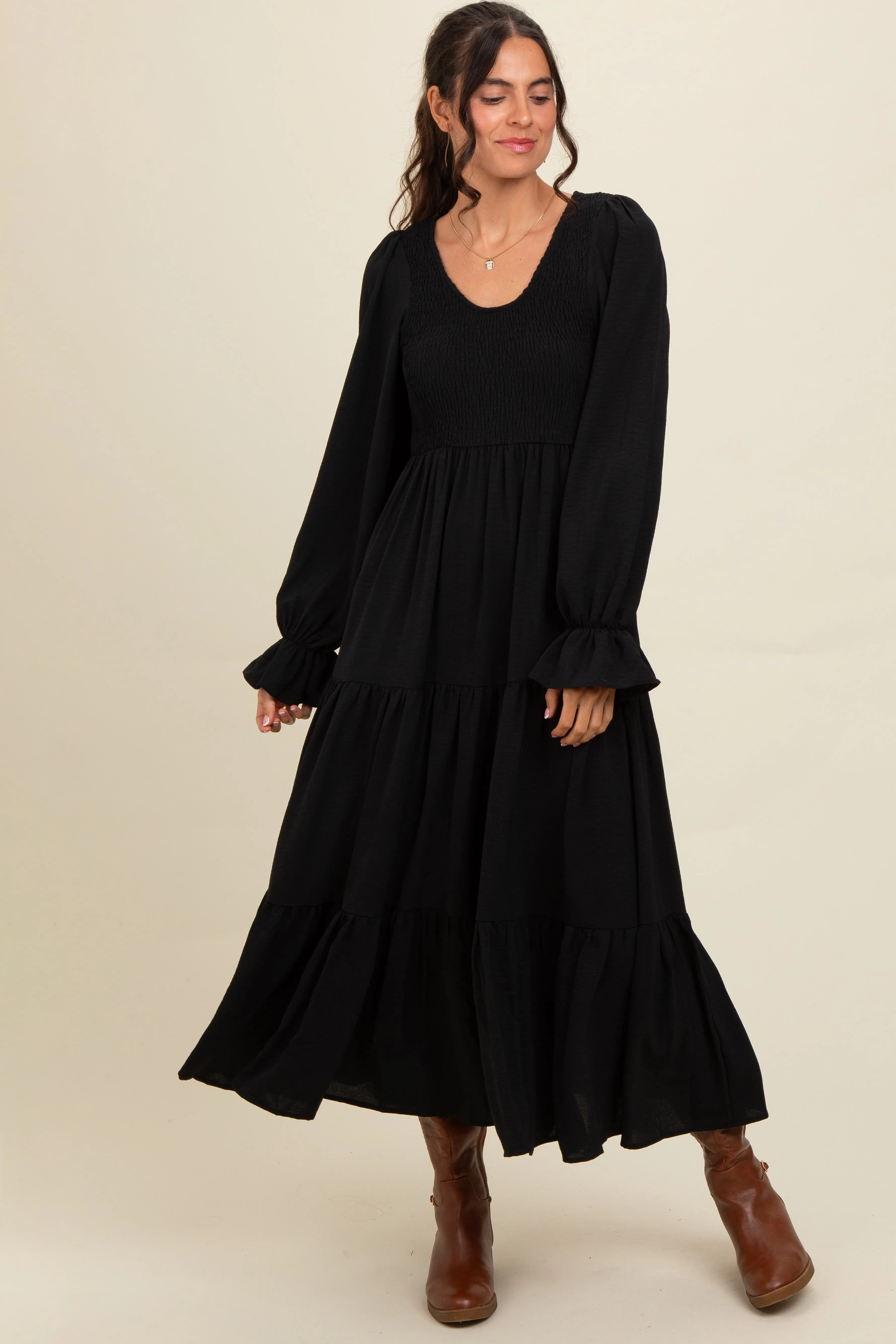 Black Smocked Tiered Long Sleeve Maxi Dress sold by Pinkblush