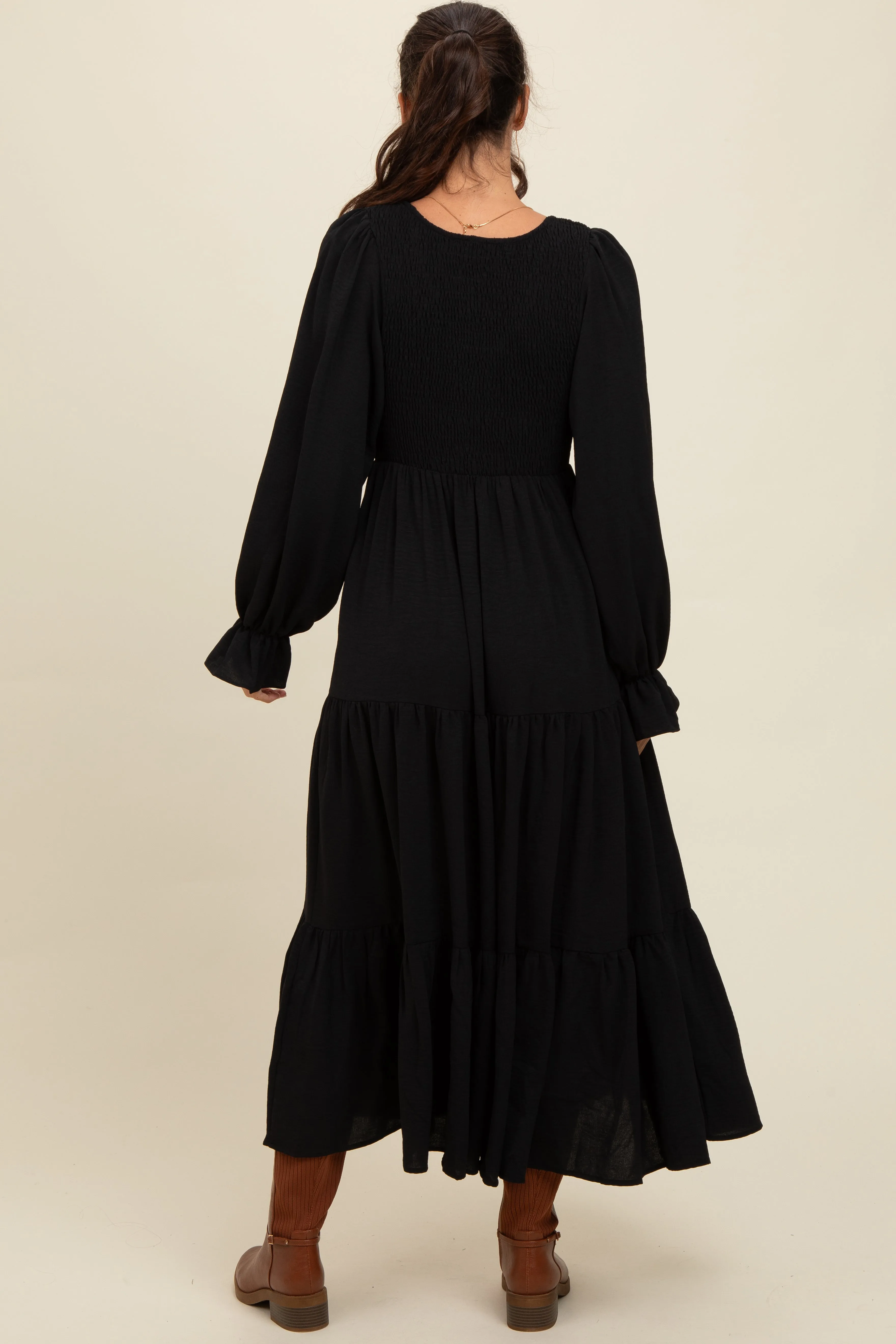 Black Smocked Tiered Long Sleeve Maxi Dress sold by Pinkblush product image thumbnail 4