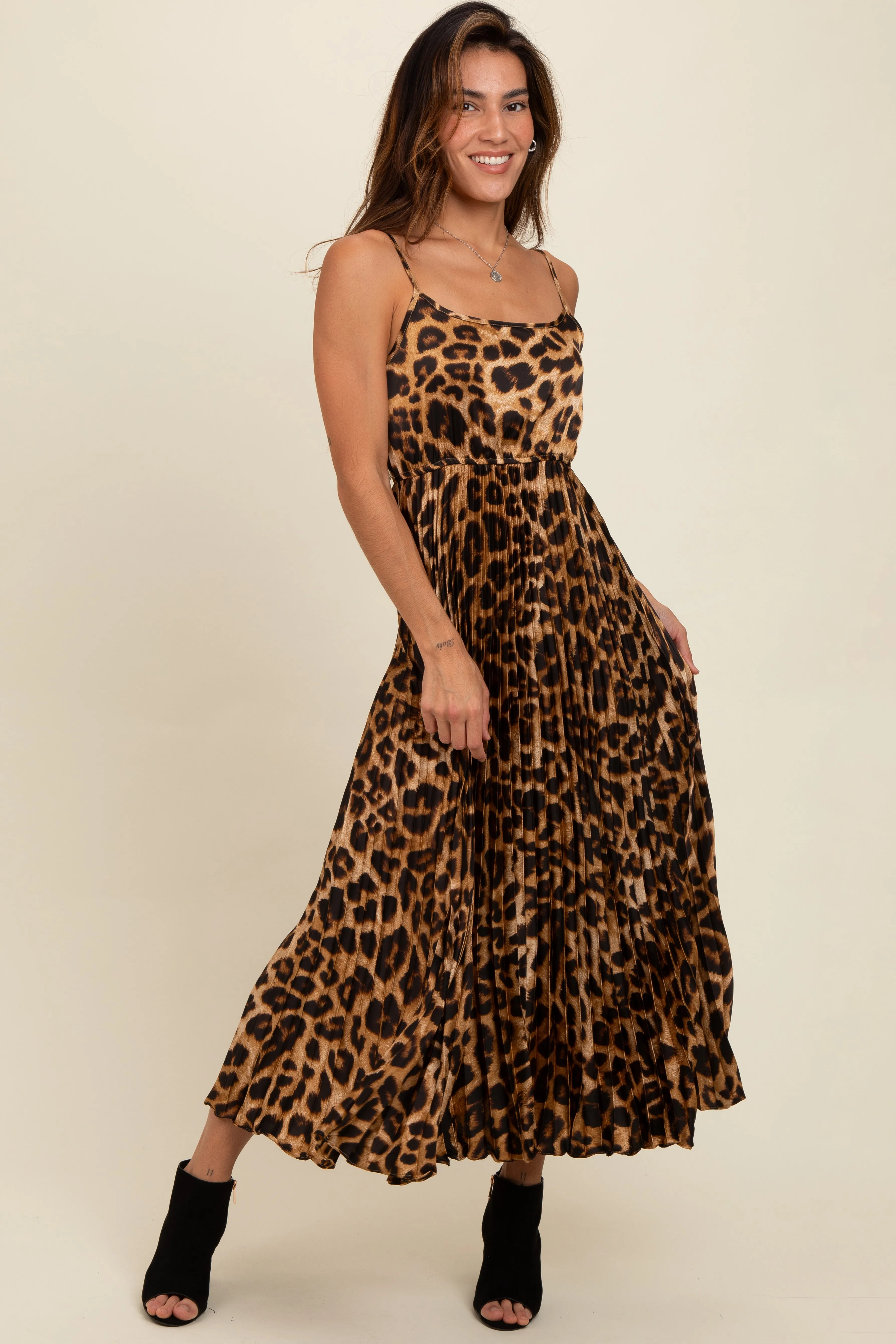 Brown Leopard Print Pleated Maxi Dress sold by Pinkblush