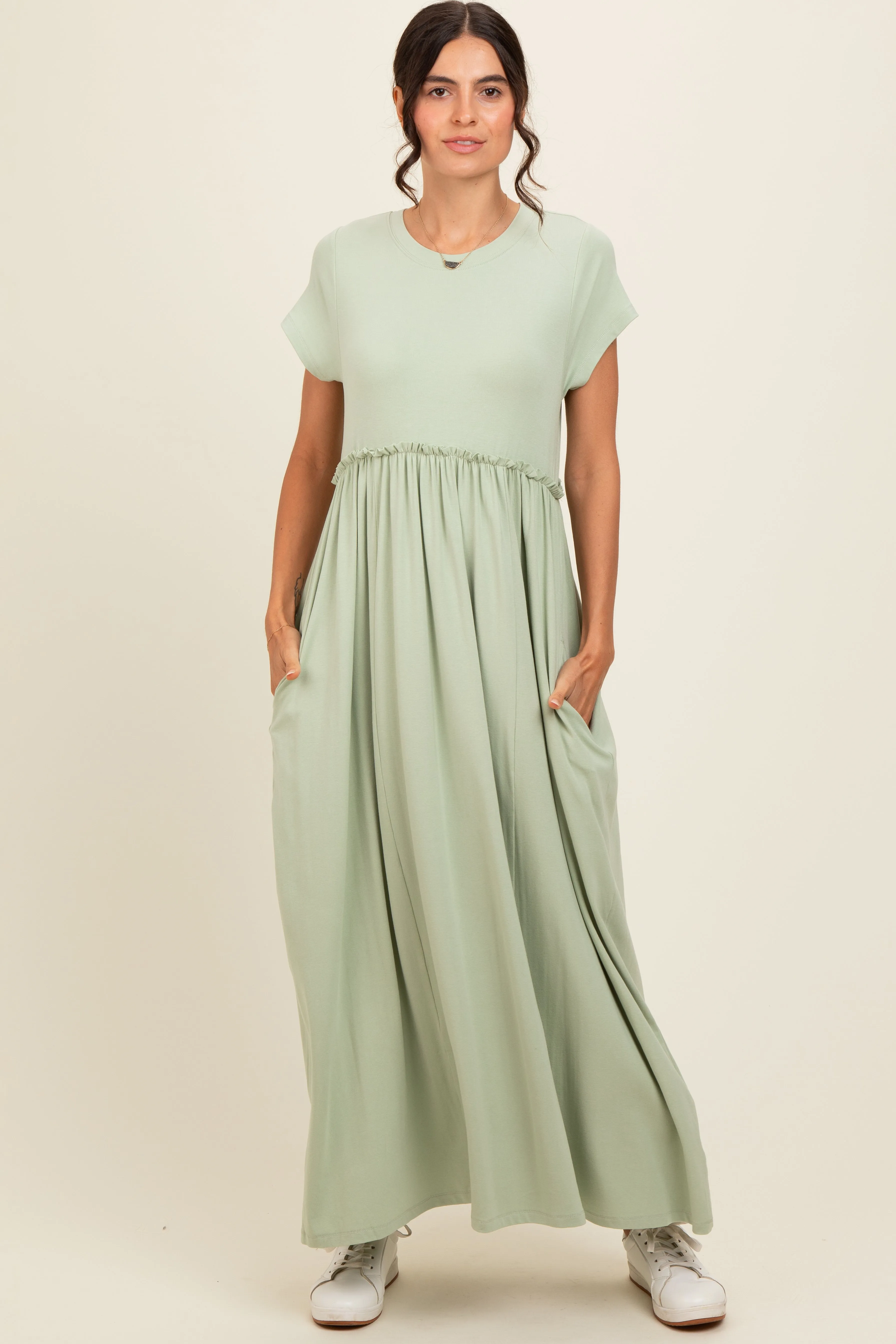 Light Olive Ruffle Trim Maxi Dress sold by Pinkblush