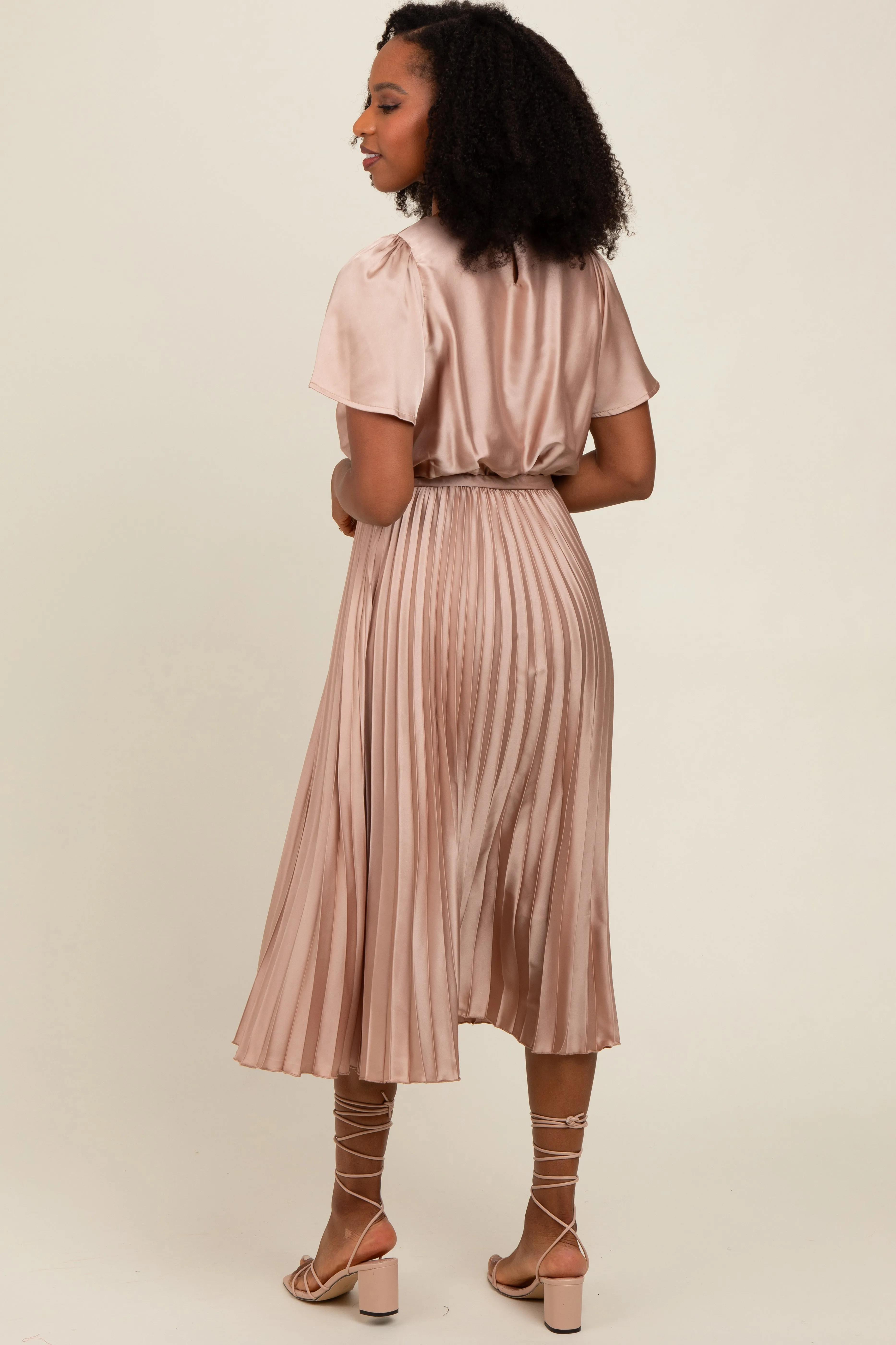 Mocha Satin Pleated Sash Tie Midi Dress sold by Pinkblush product image thumbnail 4
