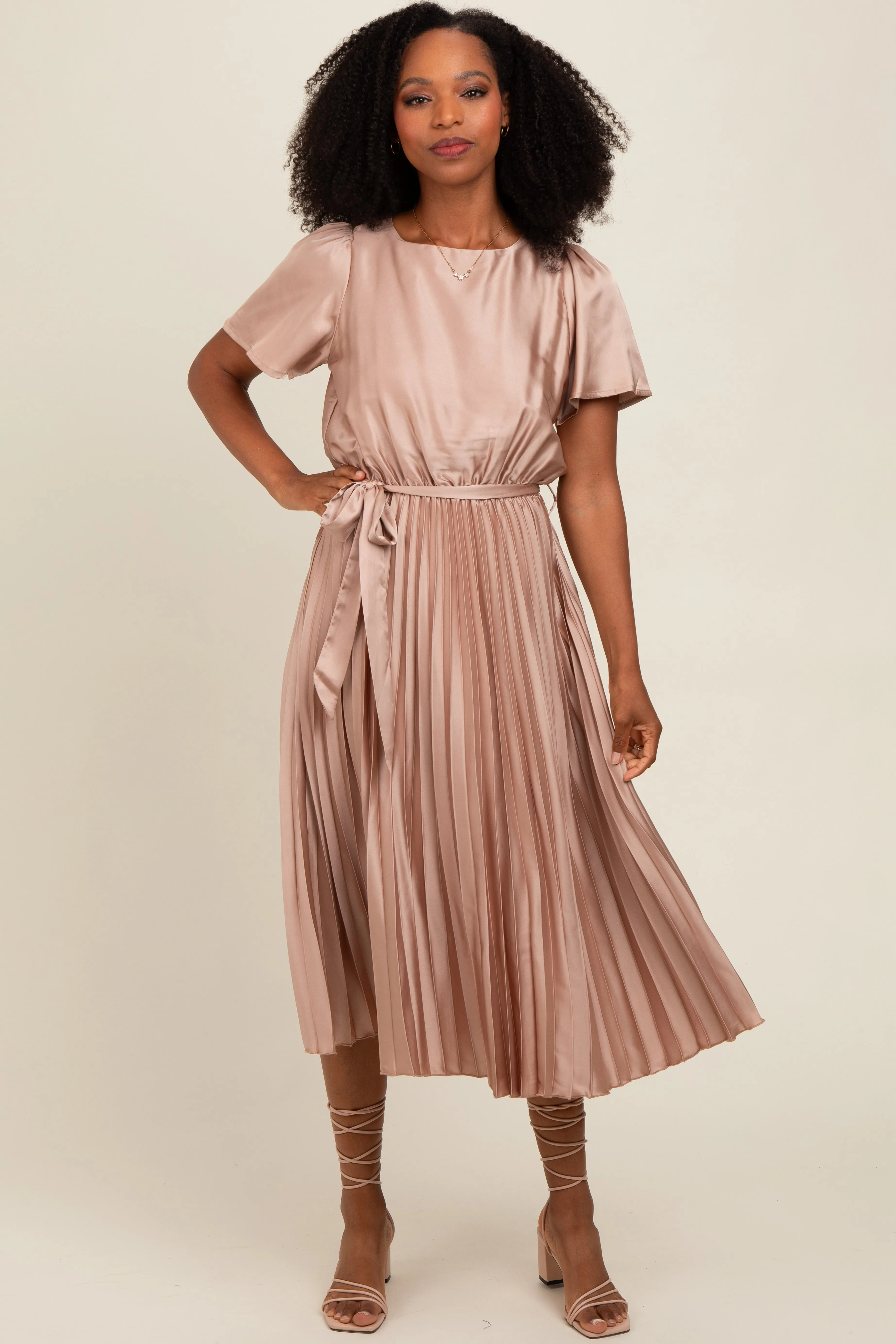 Mocha Satin Pleated Sash Tie Midi Dress sold by Pinkblush