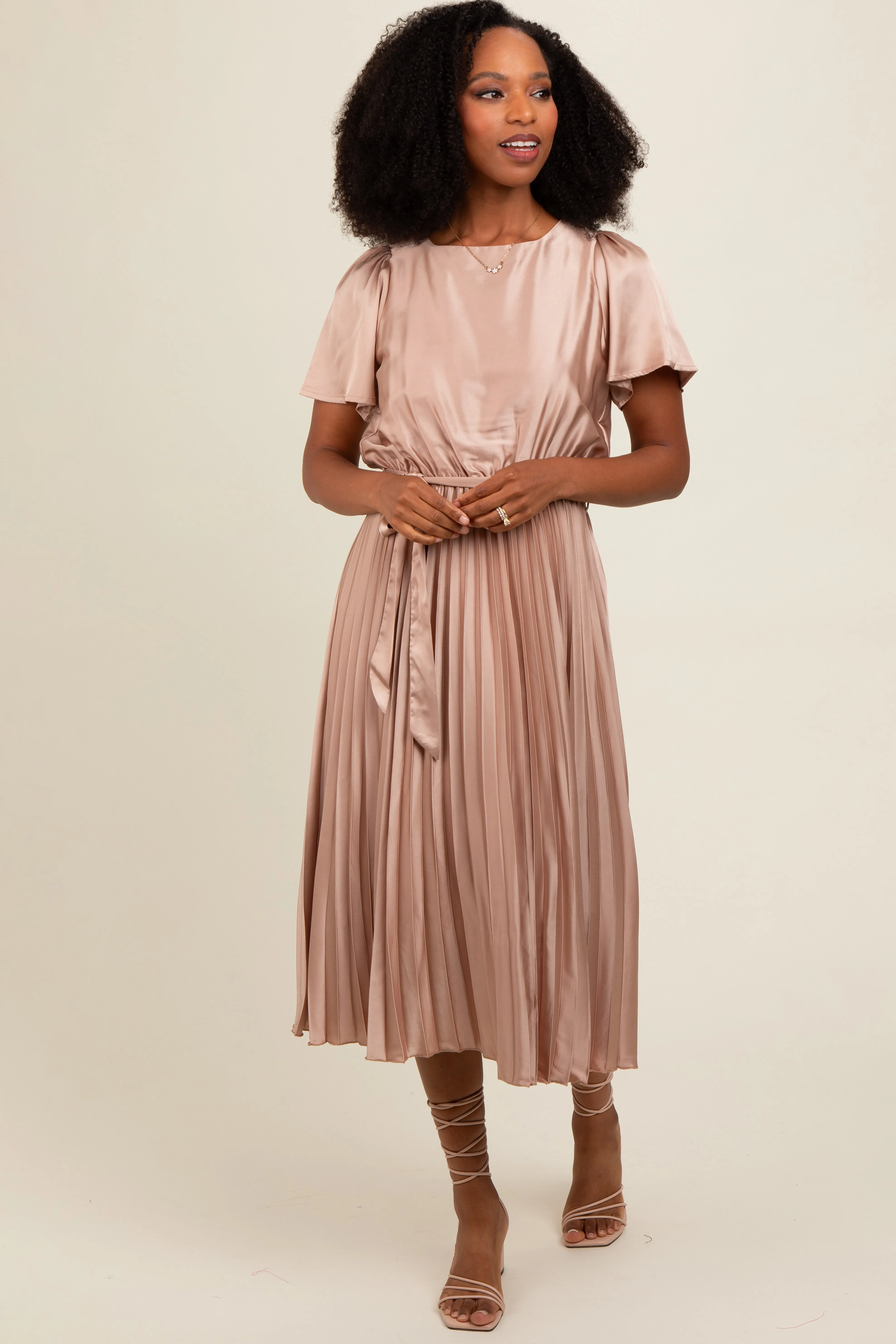 Mocha Satin Pleated Sash Tie Midi Dress sold by Pinkblush product image thumbnail 2