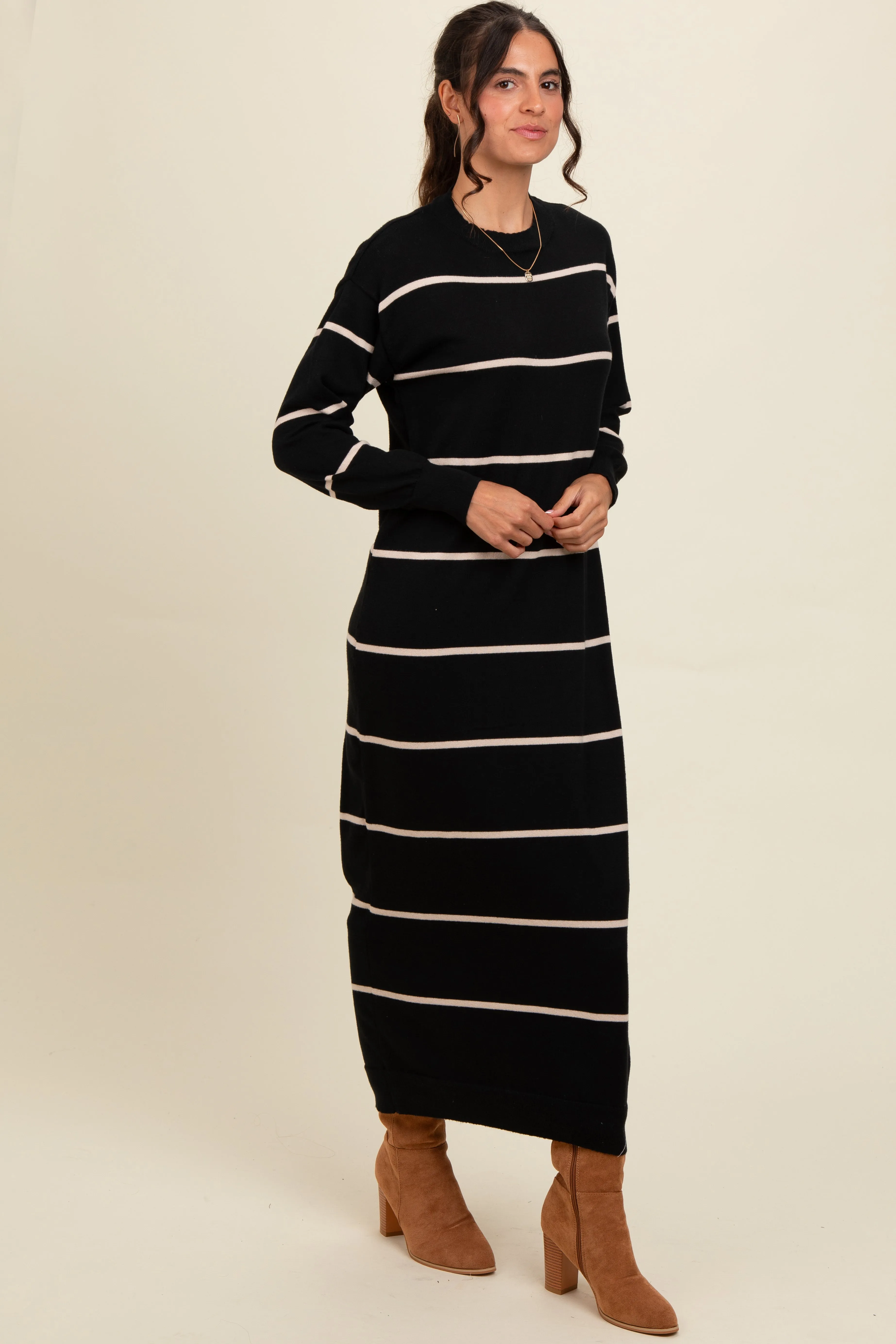 Black Striped Knit Drop Shoulder Midi Dress sold by Pinkblush product image thumbnail 2
