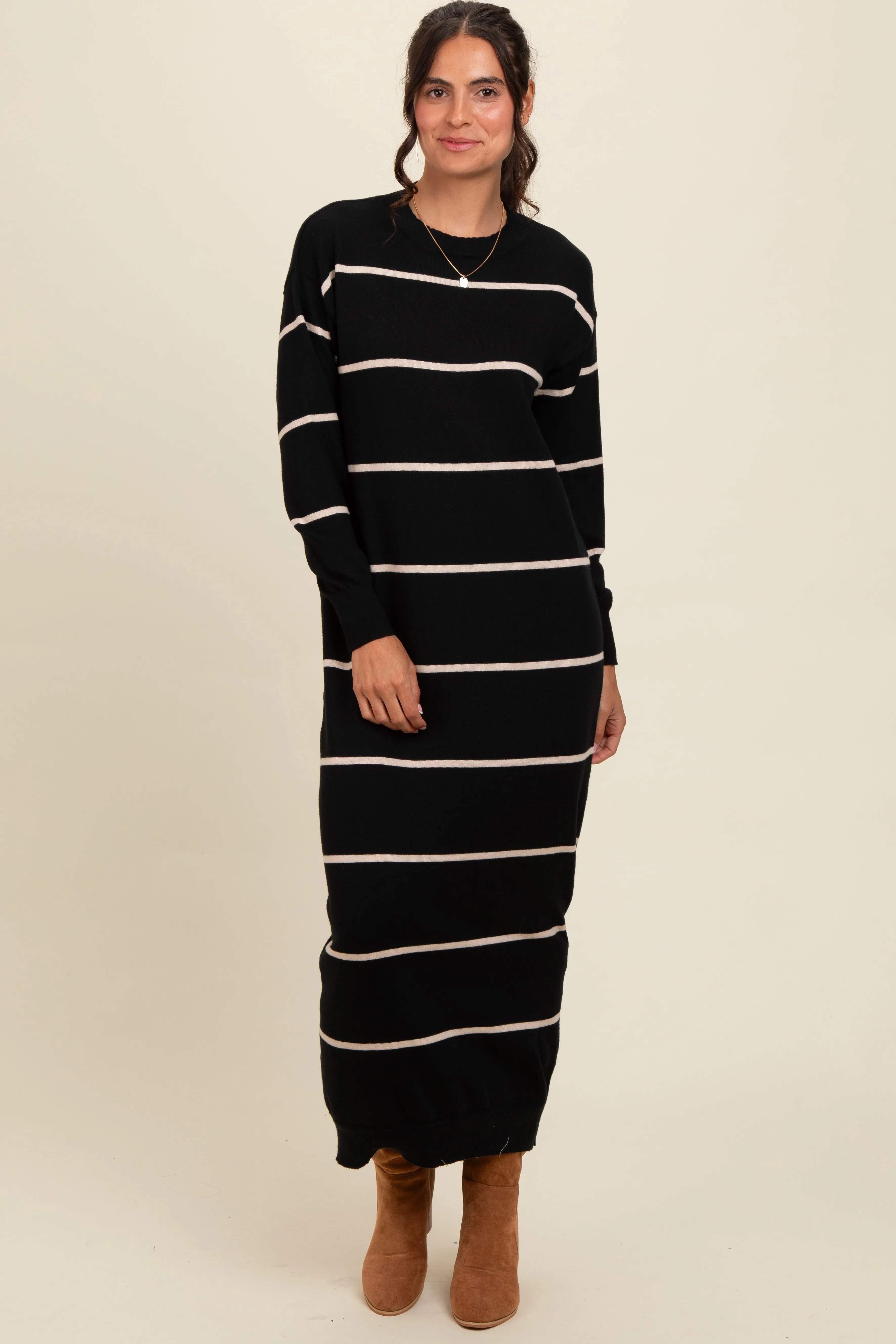 Black Striped Knit Drop Shoulder Midi Dress sold by Pinkblush
