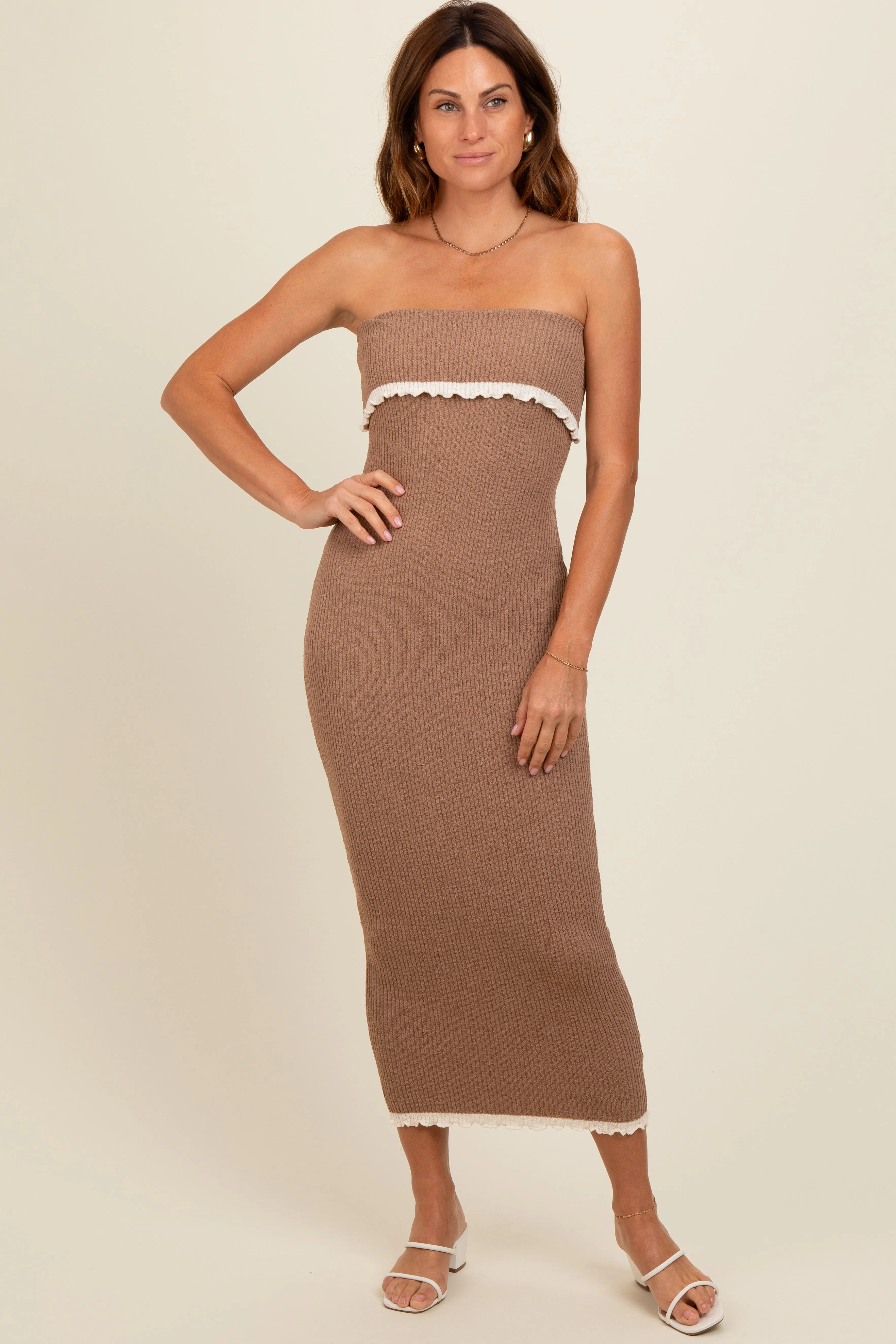Taupe Contrast Trim Strapless Knit Dress sold by Pinkblush product image thumbnail 2