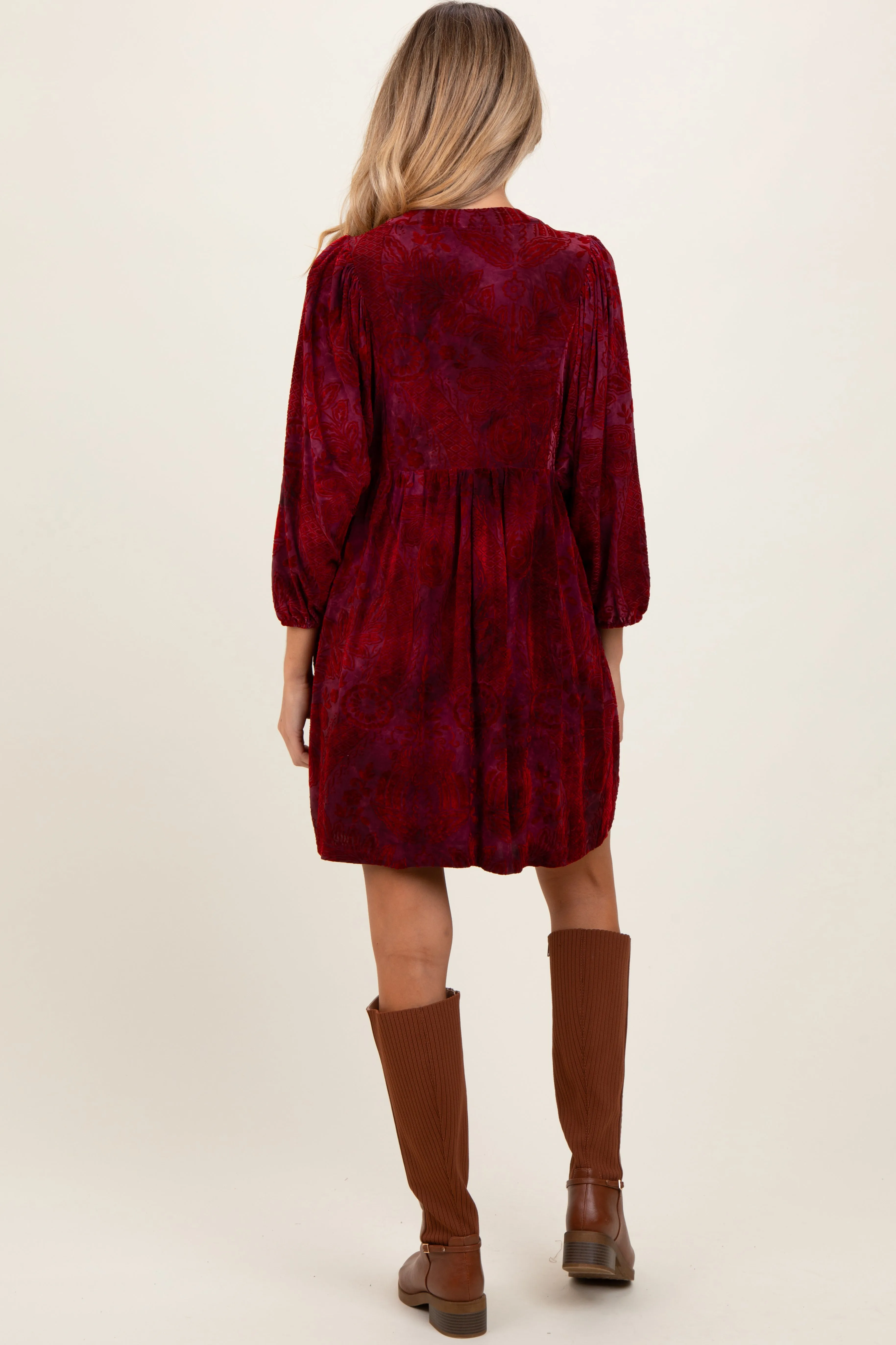 Burgundy Velvet Jacquard Button Up Maternity Dress sold by Pinkblush product image thumbnail 3