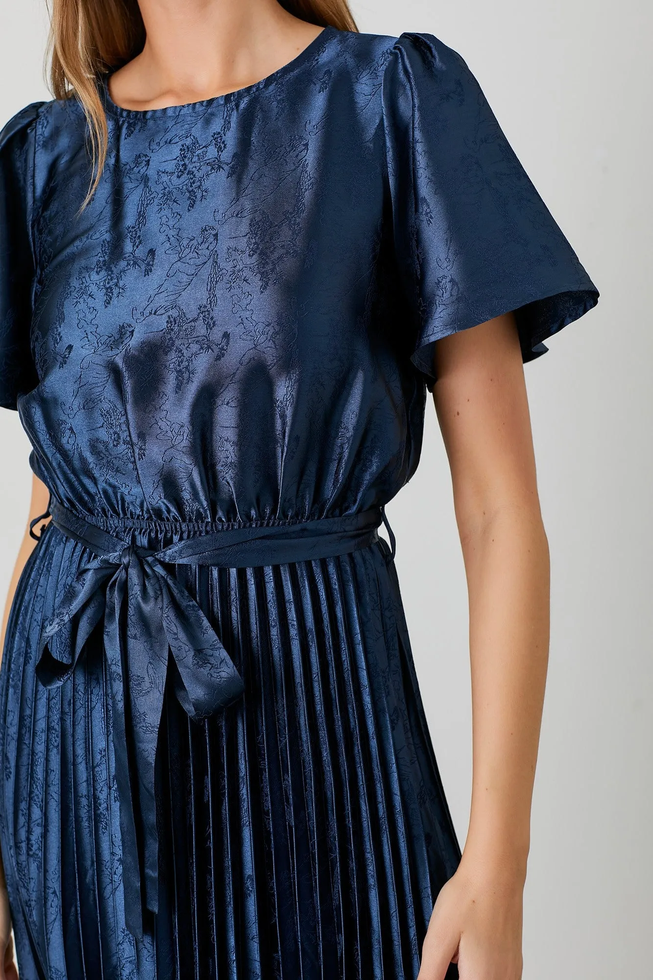 Navy Satin Pleated Sash Tie Midi Dress sold by Pinkblush product image thumbnail 4