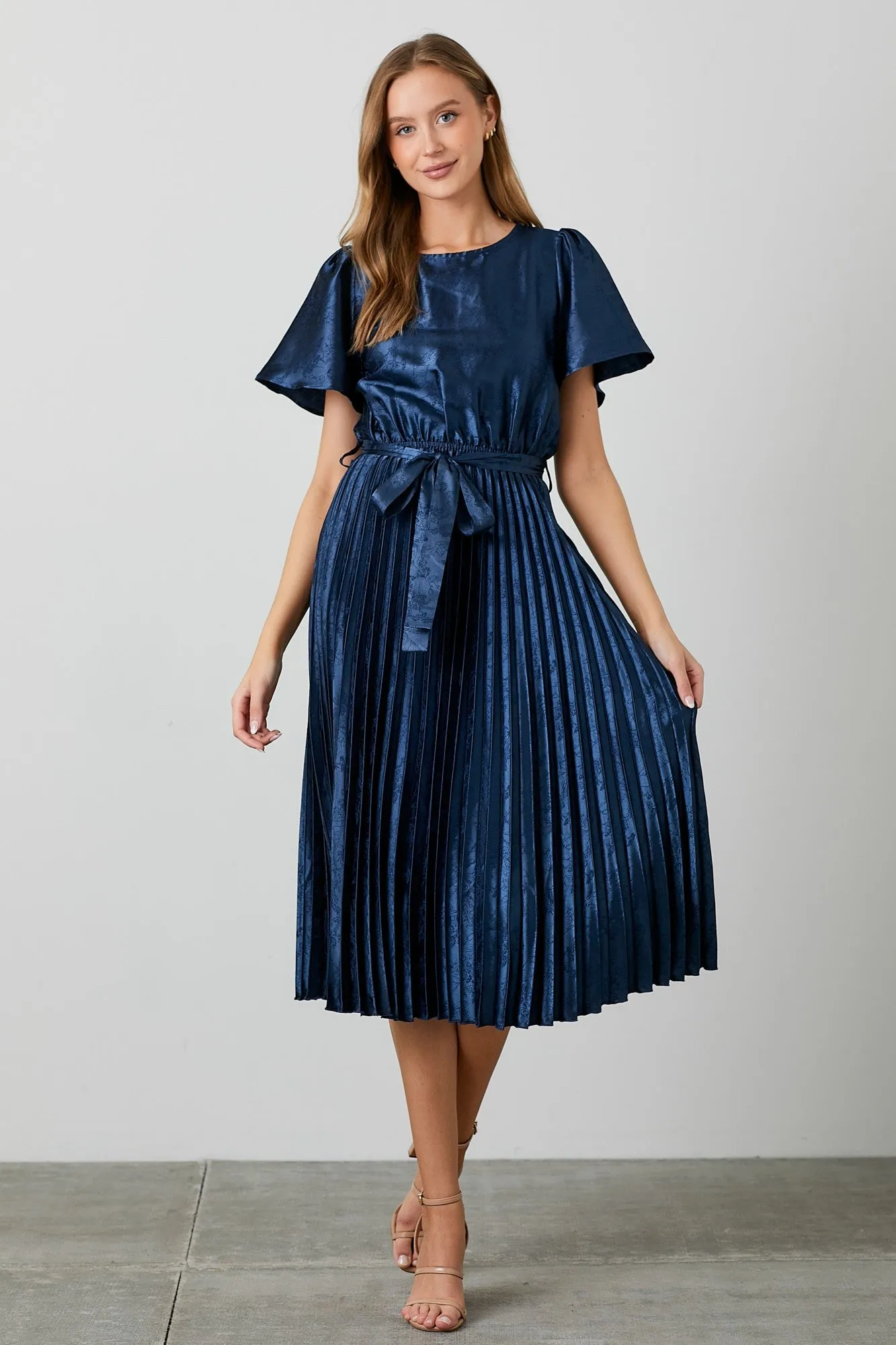 Navy Satin Pleated Sash Tie Midi Dress sold by Pinkblush
