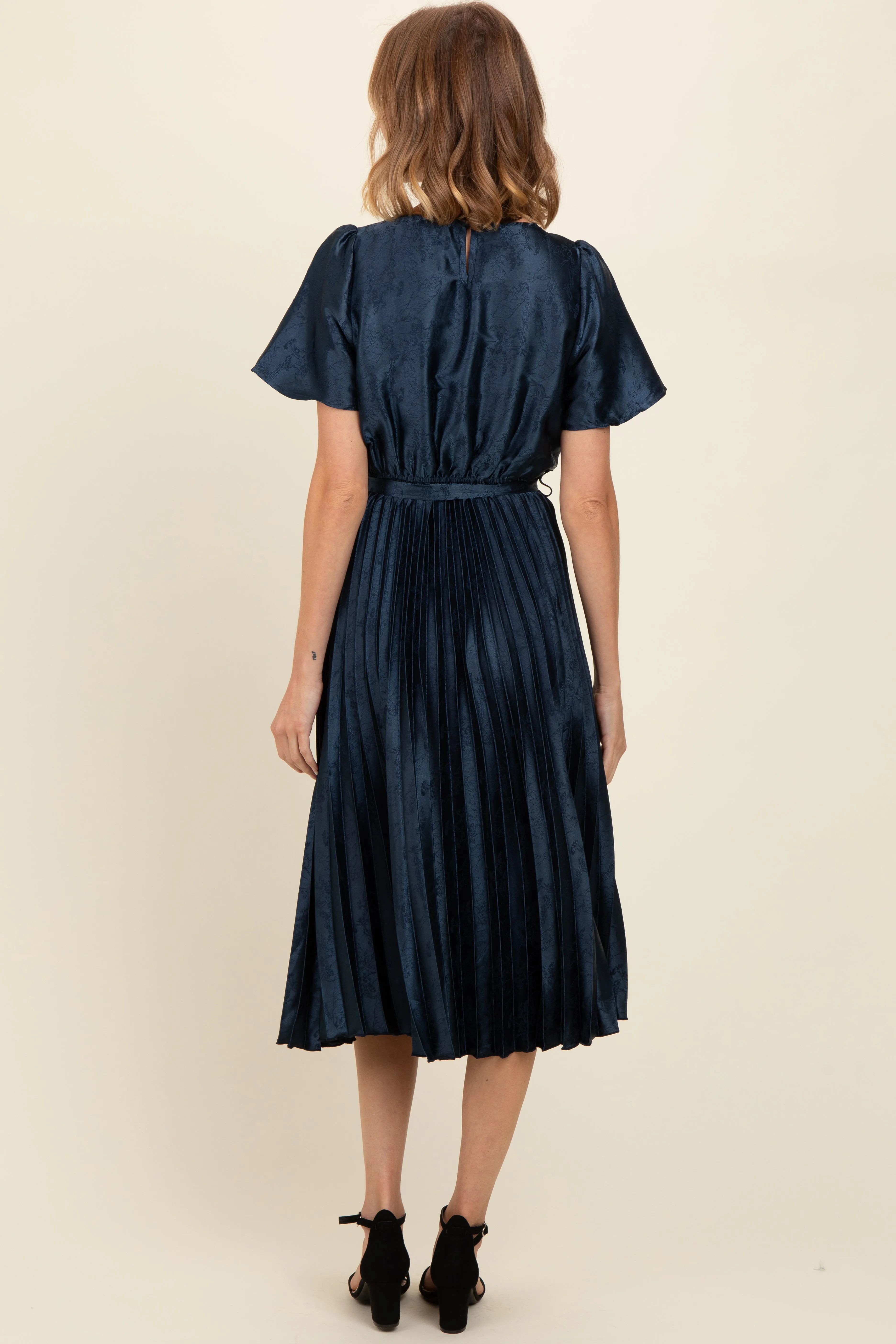 Navy Satin Pleated Sash Tie Midi Dress sold by Pinkblush product image thumbnail 5