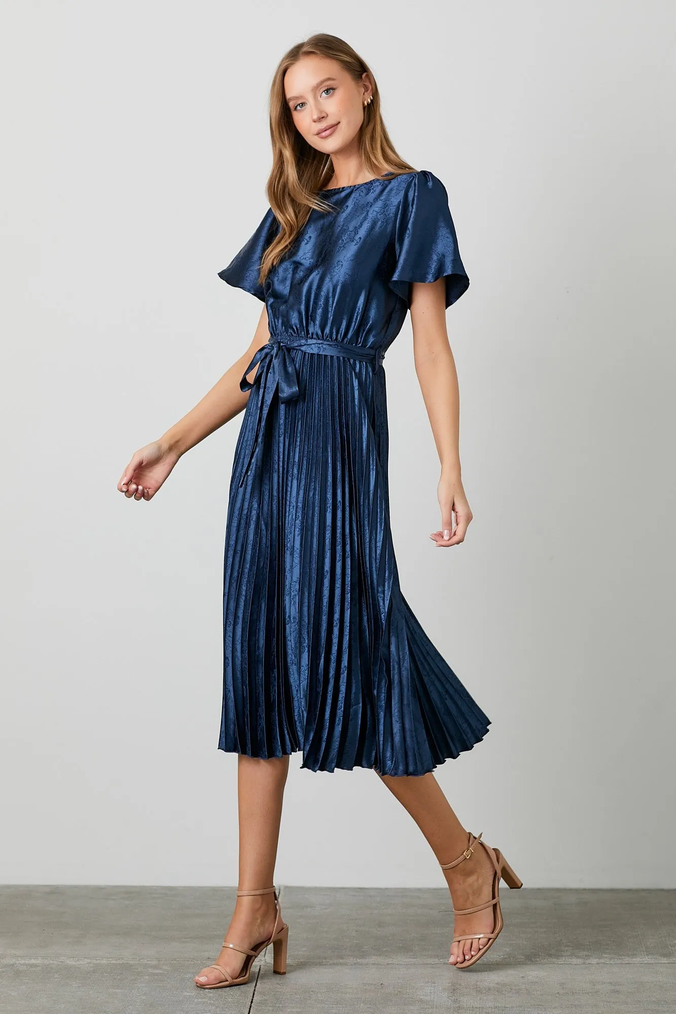 Navy Satin Pleated Sash Tie Midi Dress sold by Pinkblush product image thumbnail 2