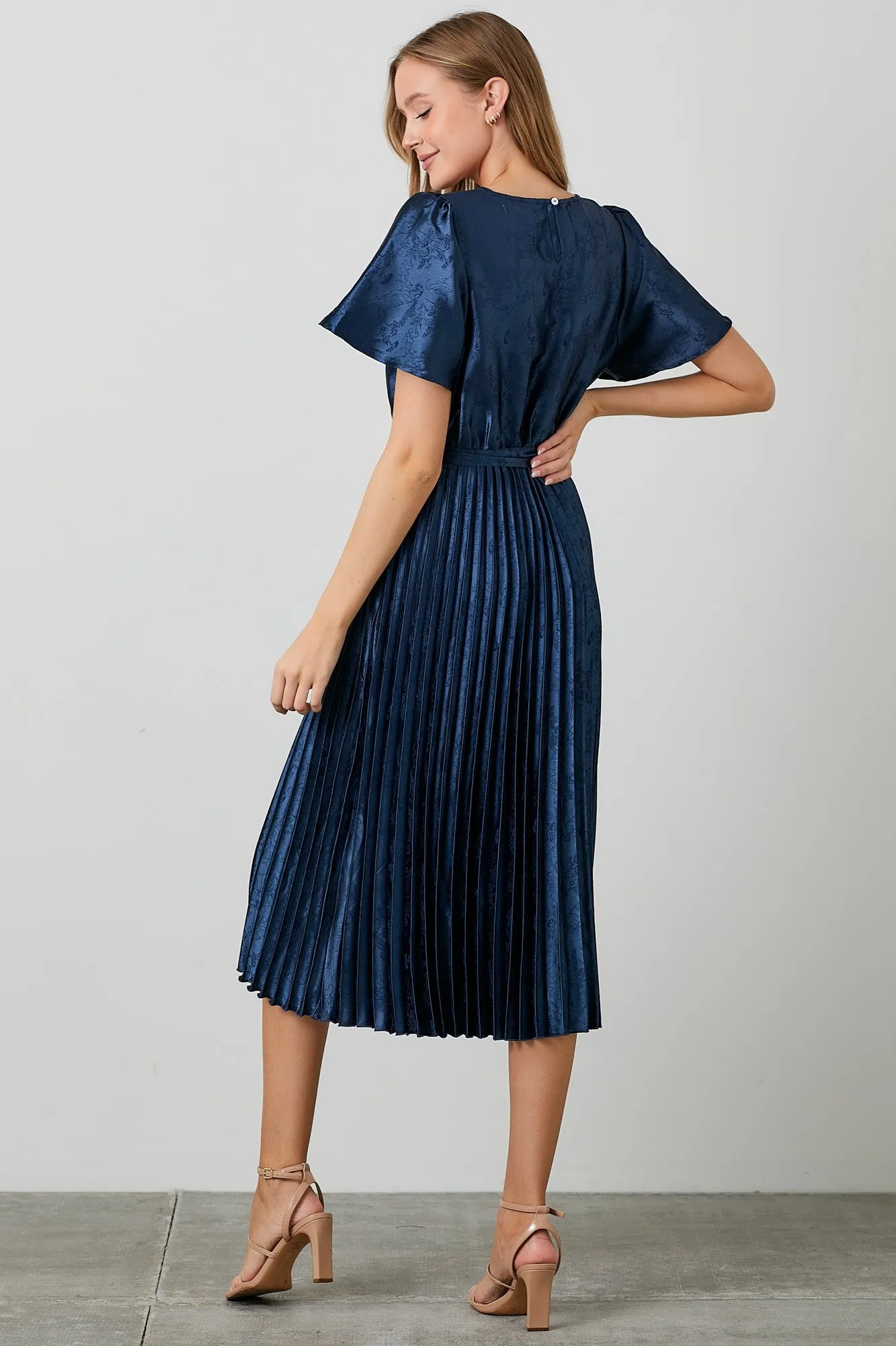 Navy Satin Pleated Sash Tie Midi Dress sold by Pinkblush product image thumbnail 3