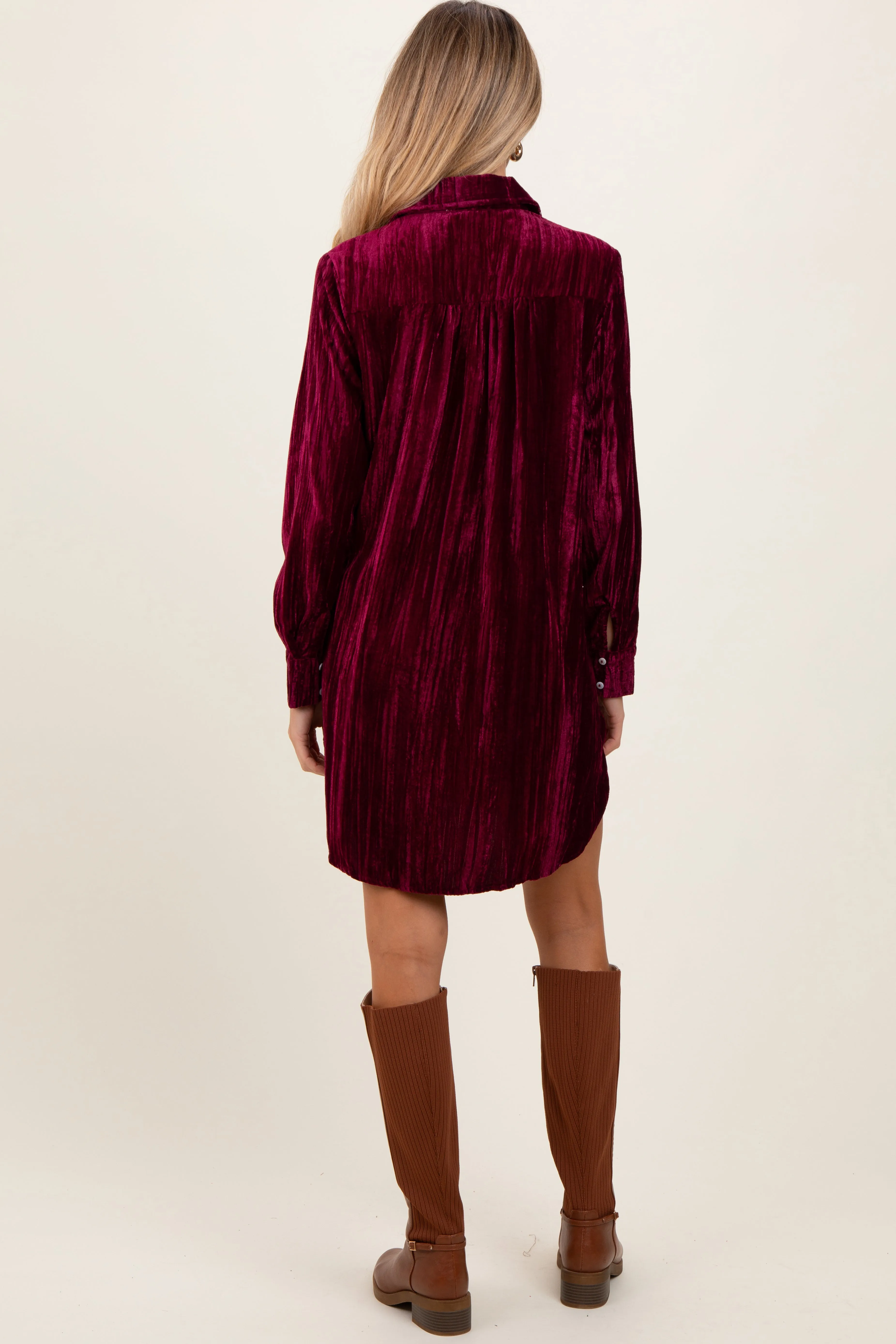 Burgundy Crinkled Velvet Button Down Maternity Shirt Dress sold by Pinkblush product image thumbnail 4