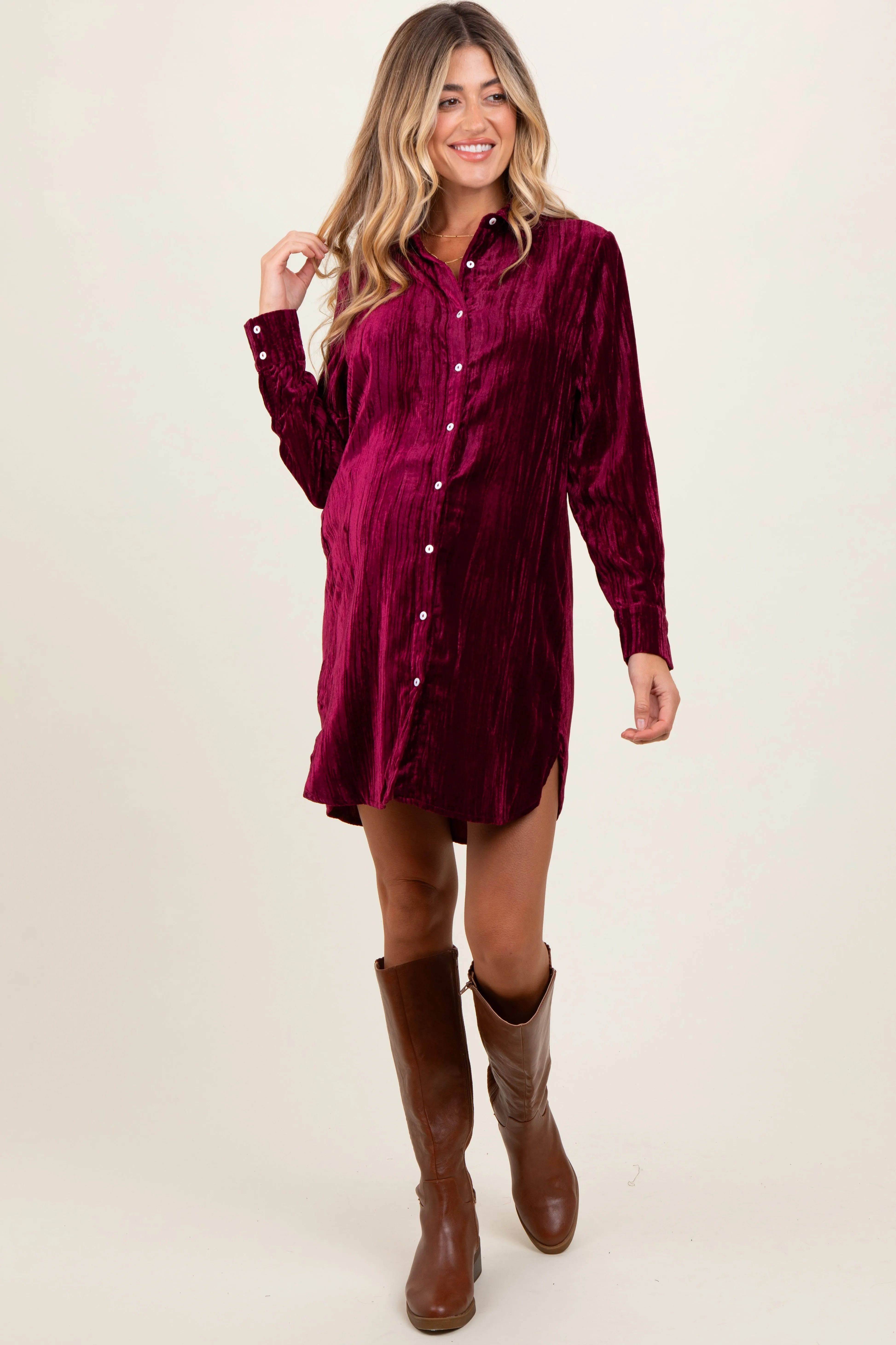 Burgundy Crinkled Velvet Button Down Maternity Shirt Dress sold by Pinkblush product image thumbnail 2