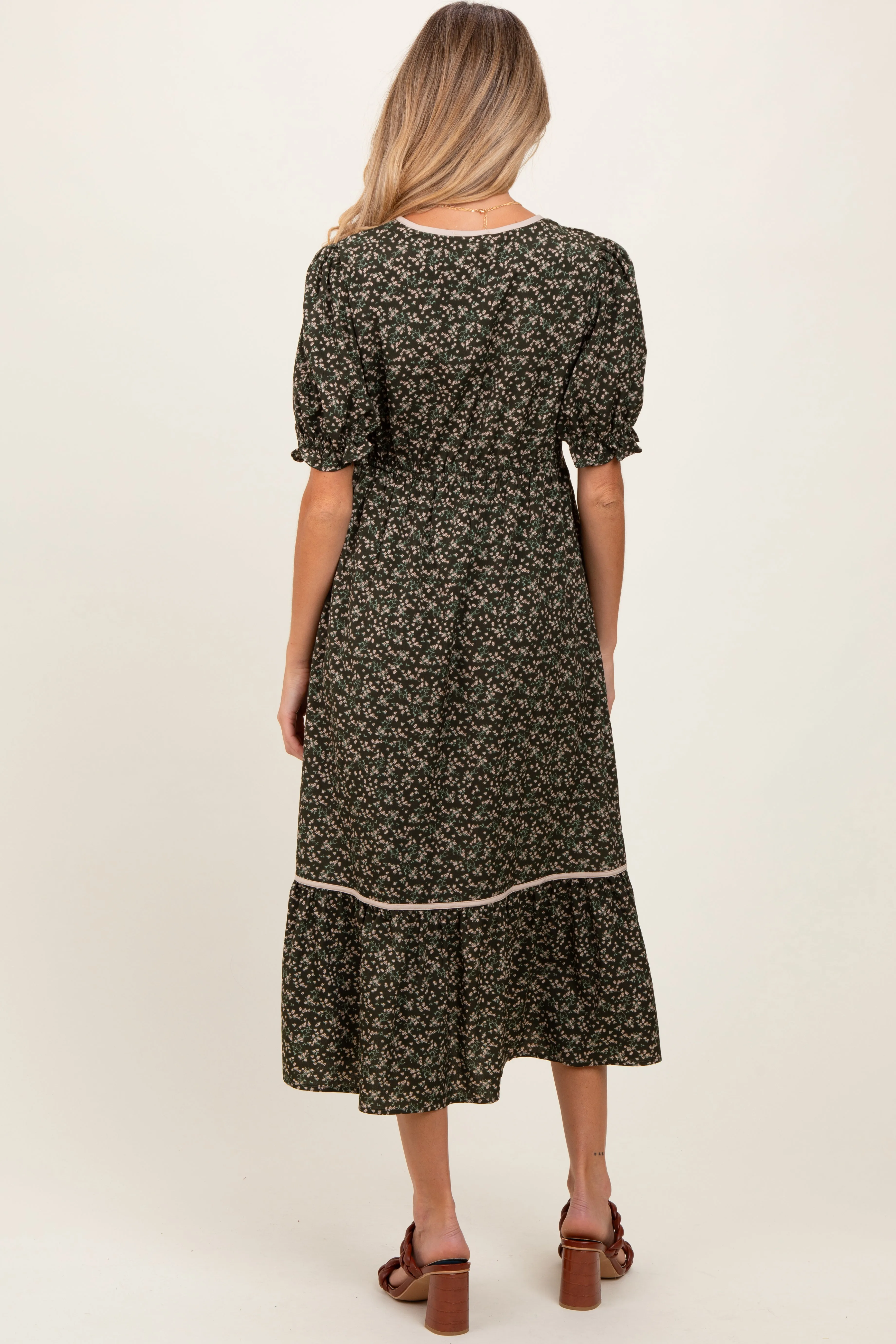 Olive Floral Puff Sleeve Ruffle Hem Maternity Midi Dress sold by Pinkblush product image thumbnail 2