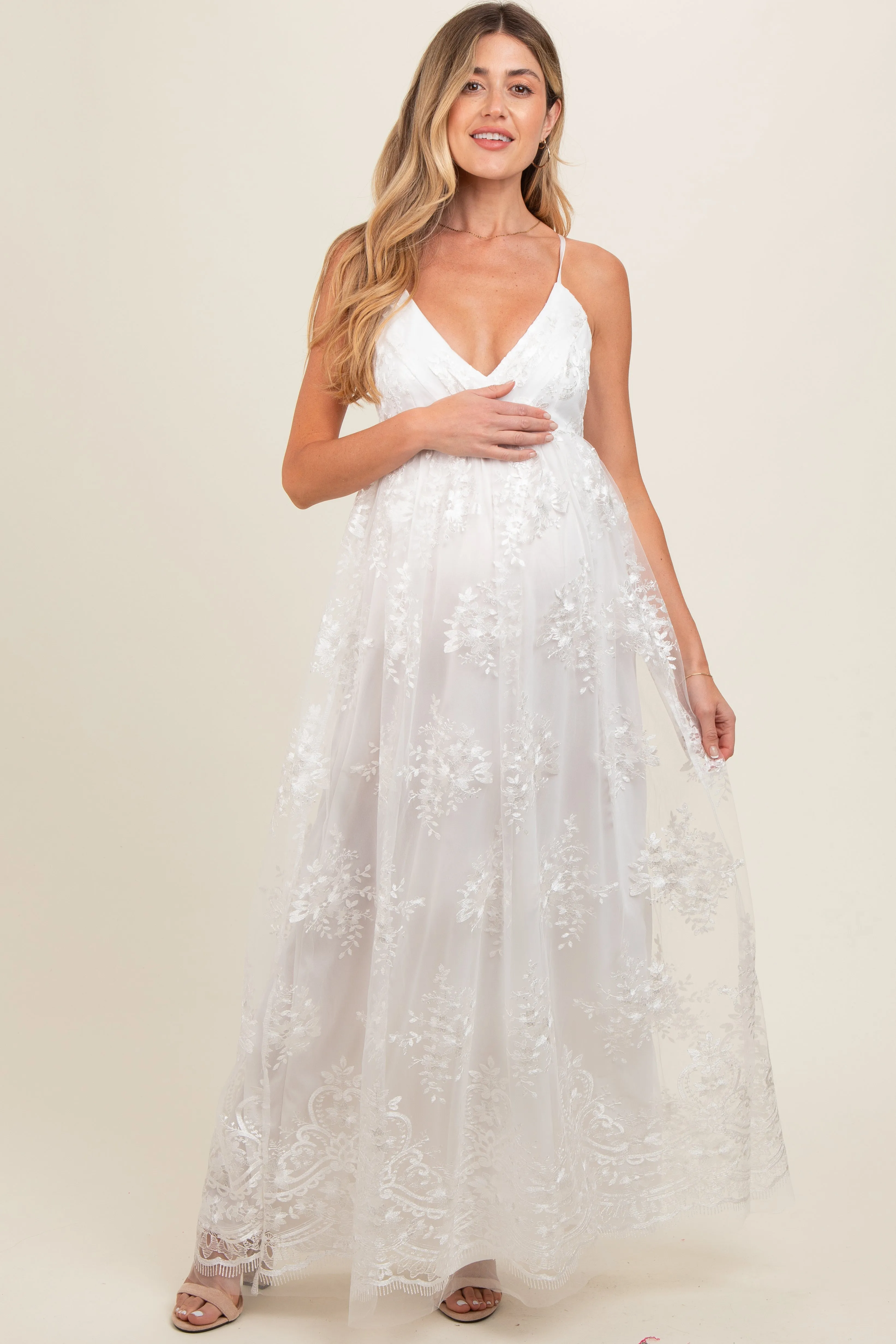 Ivory Floral Lace Overlay Maternity Maxi Dress sold by Pinkblush product image thumbnail 2