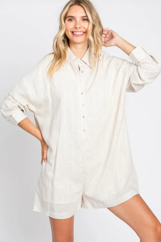 Beige Button Front Long Sleeve Linen Romper sold by Pinkblush