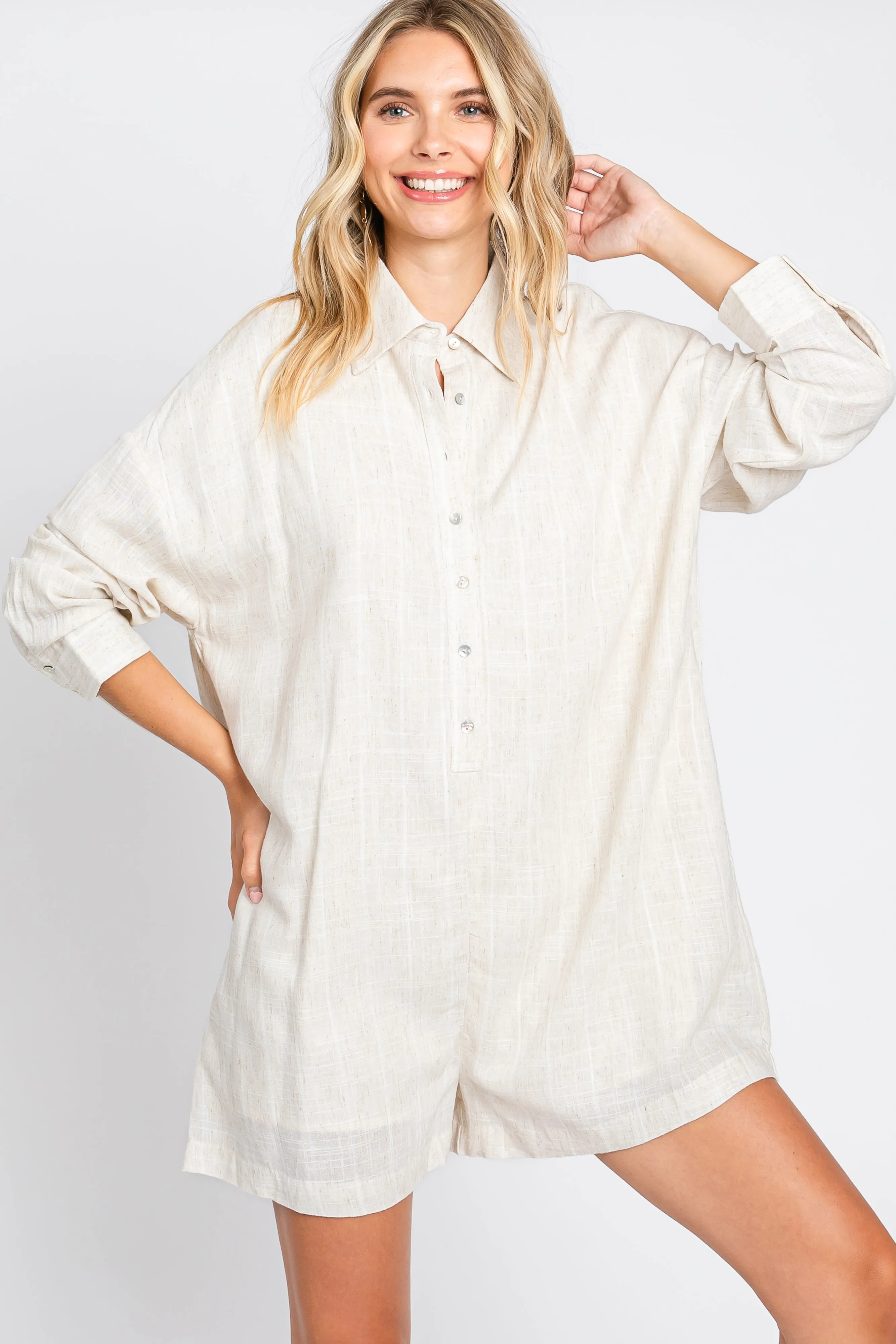 Beige Button Front Long Sleeve Linen Romper sold by Pinkblush