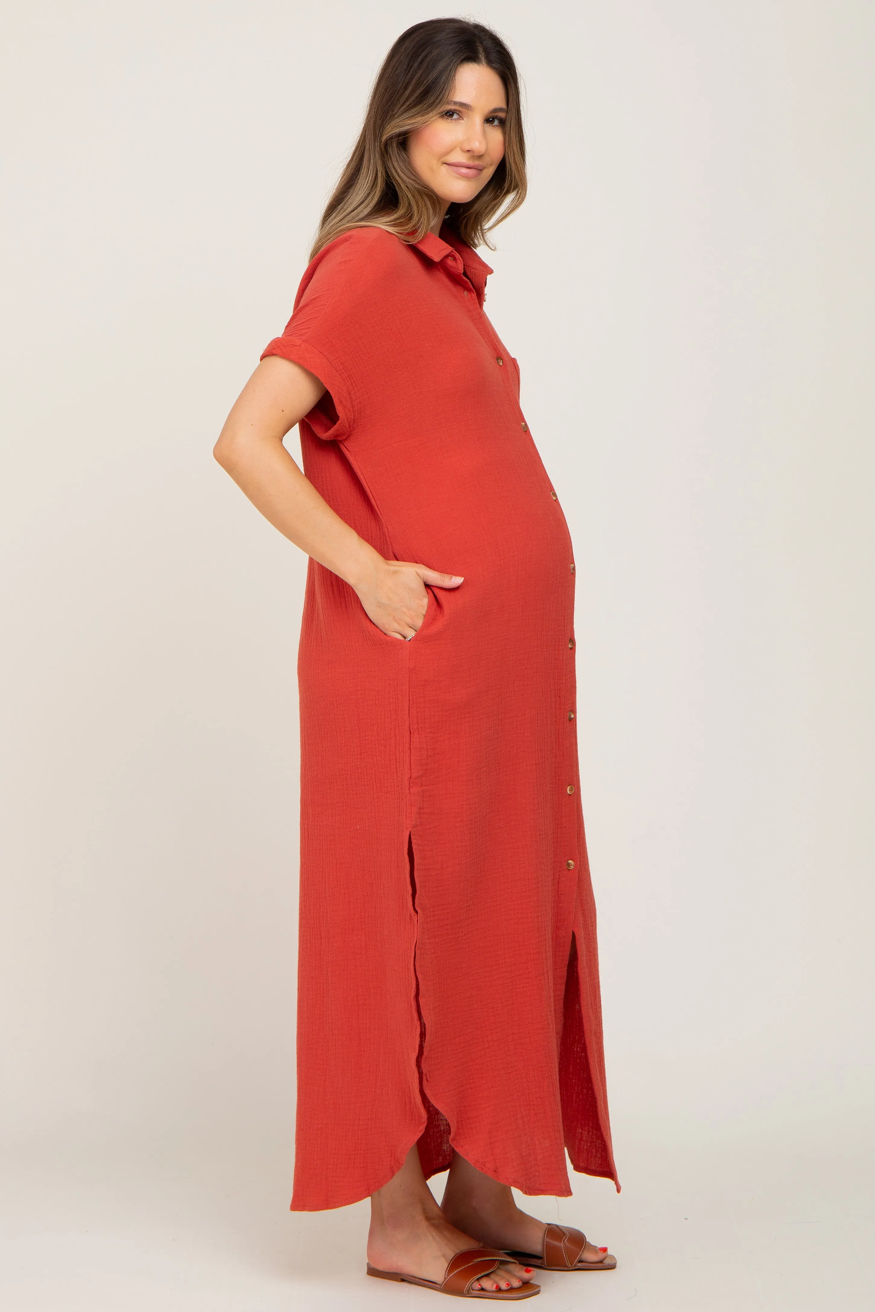 Rust Button Down Maternity Midi Dress sold by Pinkblush product image thumbnail 2