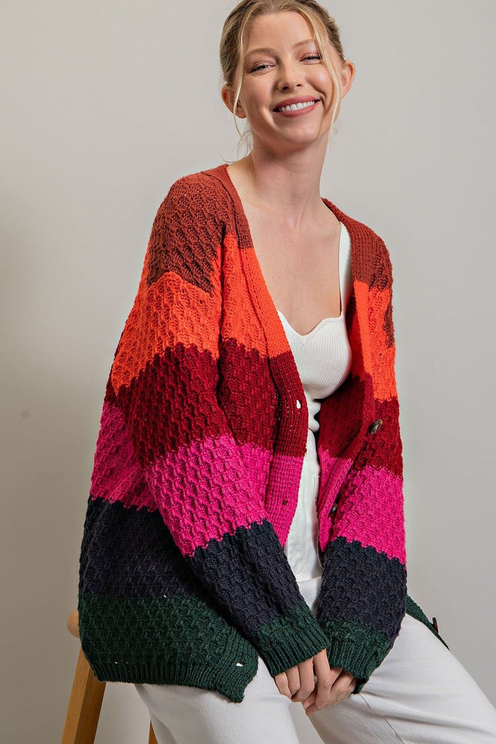 Multicolor Front Button Open Knit Cardigan sold by Pinkblush