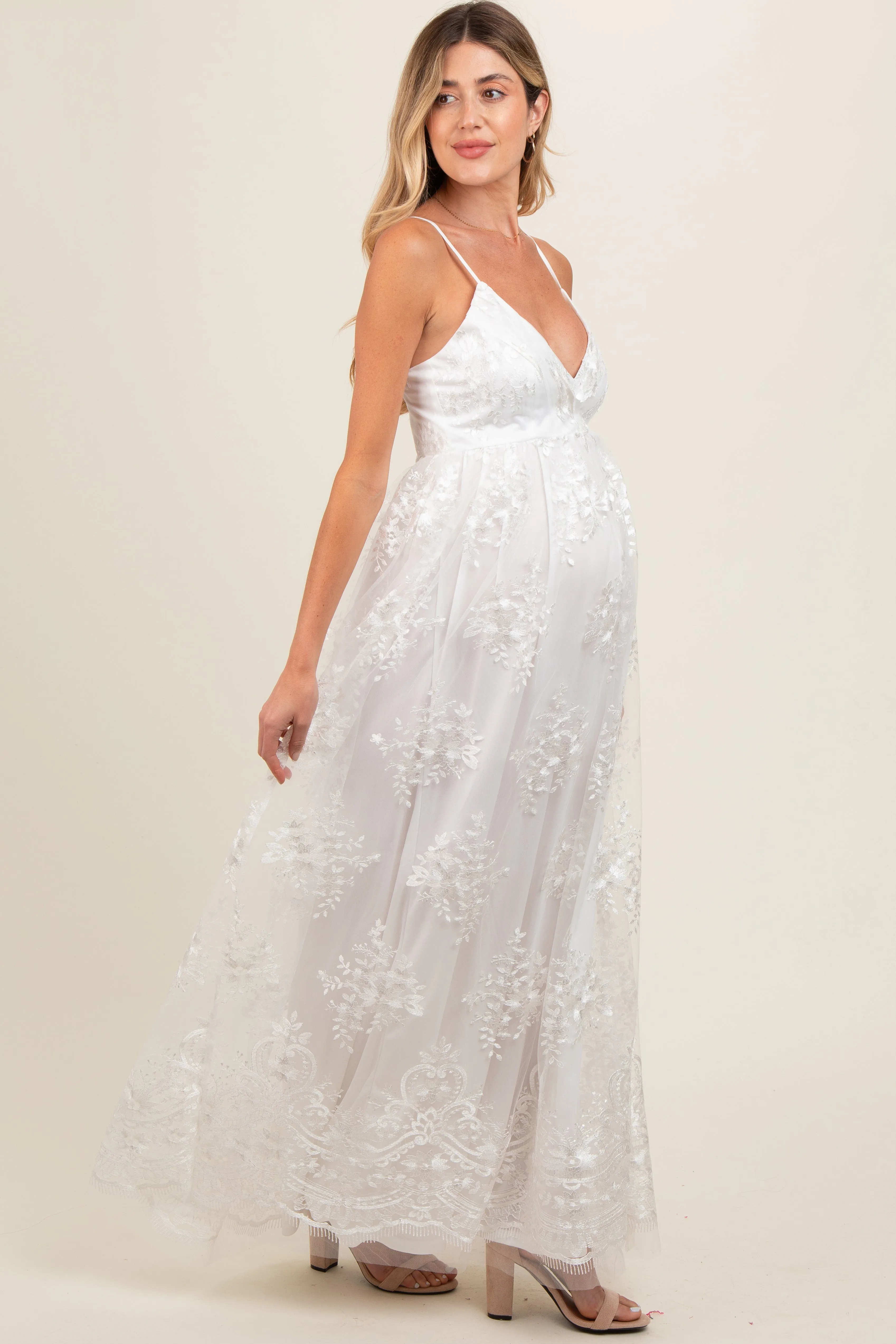 Ivory Floral Lace Overlay Maternity Maxi Dress sold by Pinkblush product image thumbnail 3
