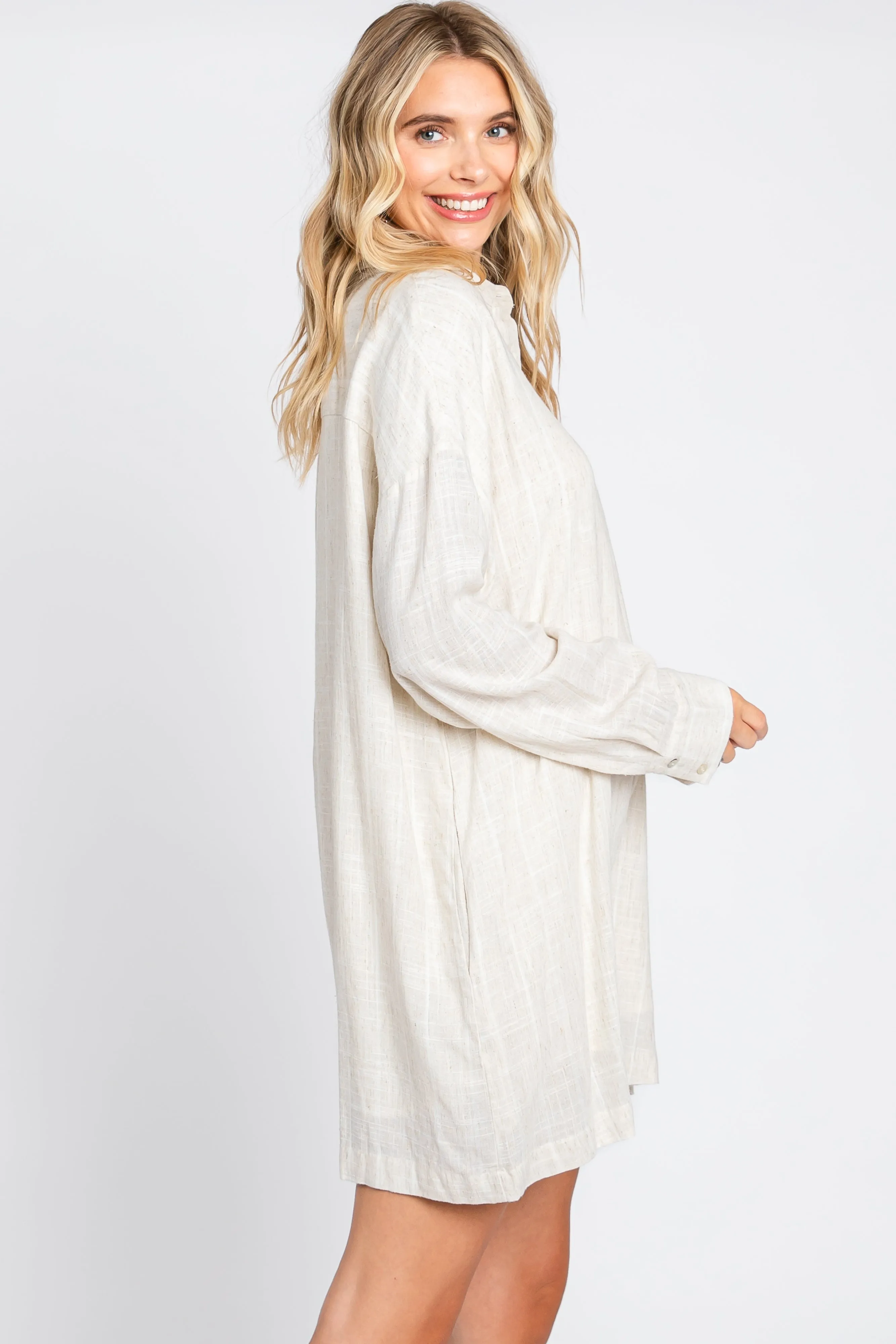 Beige Button Front Long Sleeve Linen Romper sold by Pinkblush product image thumbnail 2