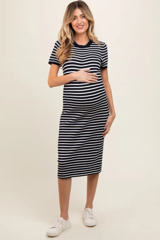 Navy Striped Knit Maternity Midi Dress sold by Pinkblush