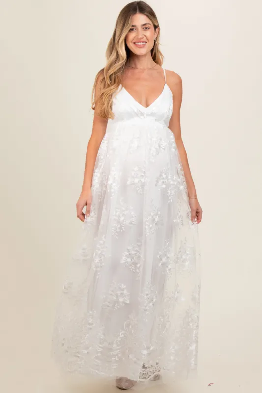 Ivory Floral Lace Overlay Maternity Maxi Dress sold by Pinkblush
