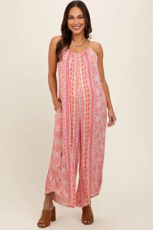 Coral Floral Striped Asymmetrical Maternity Jumpsuit sold by Pinkblush